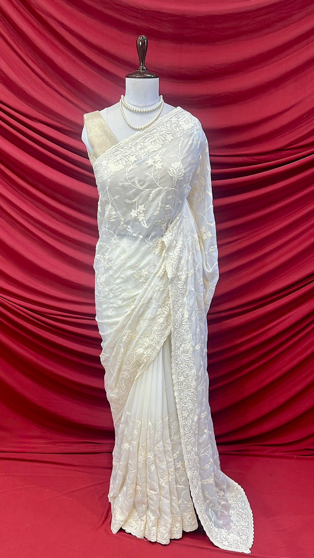 White georgette embroidered saree