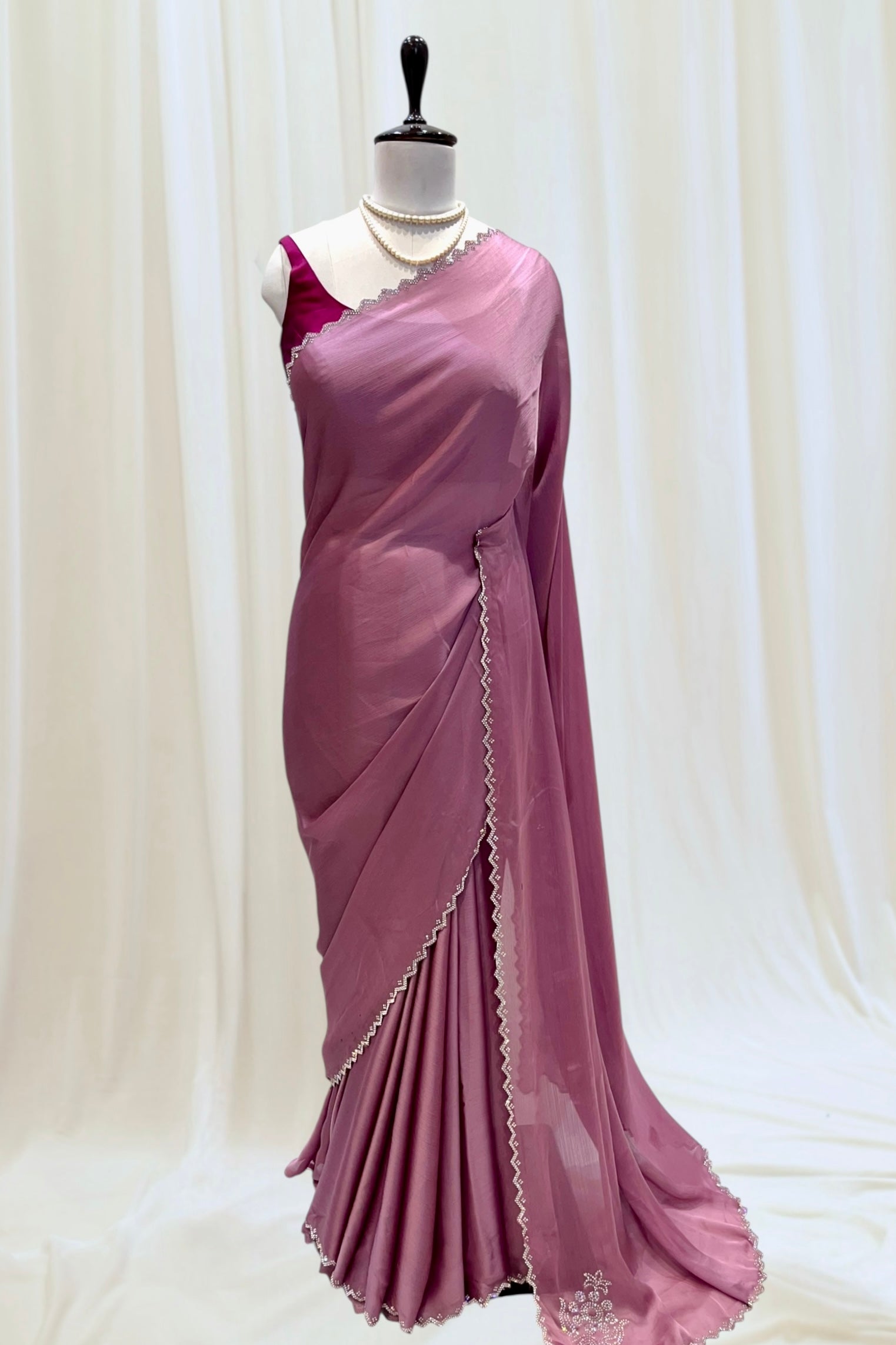 Pink swarovski embellished chiffon saree