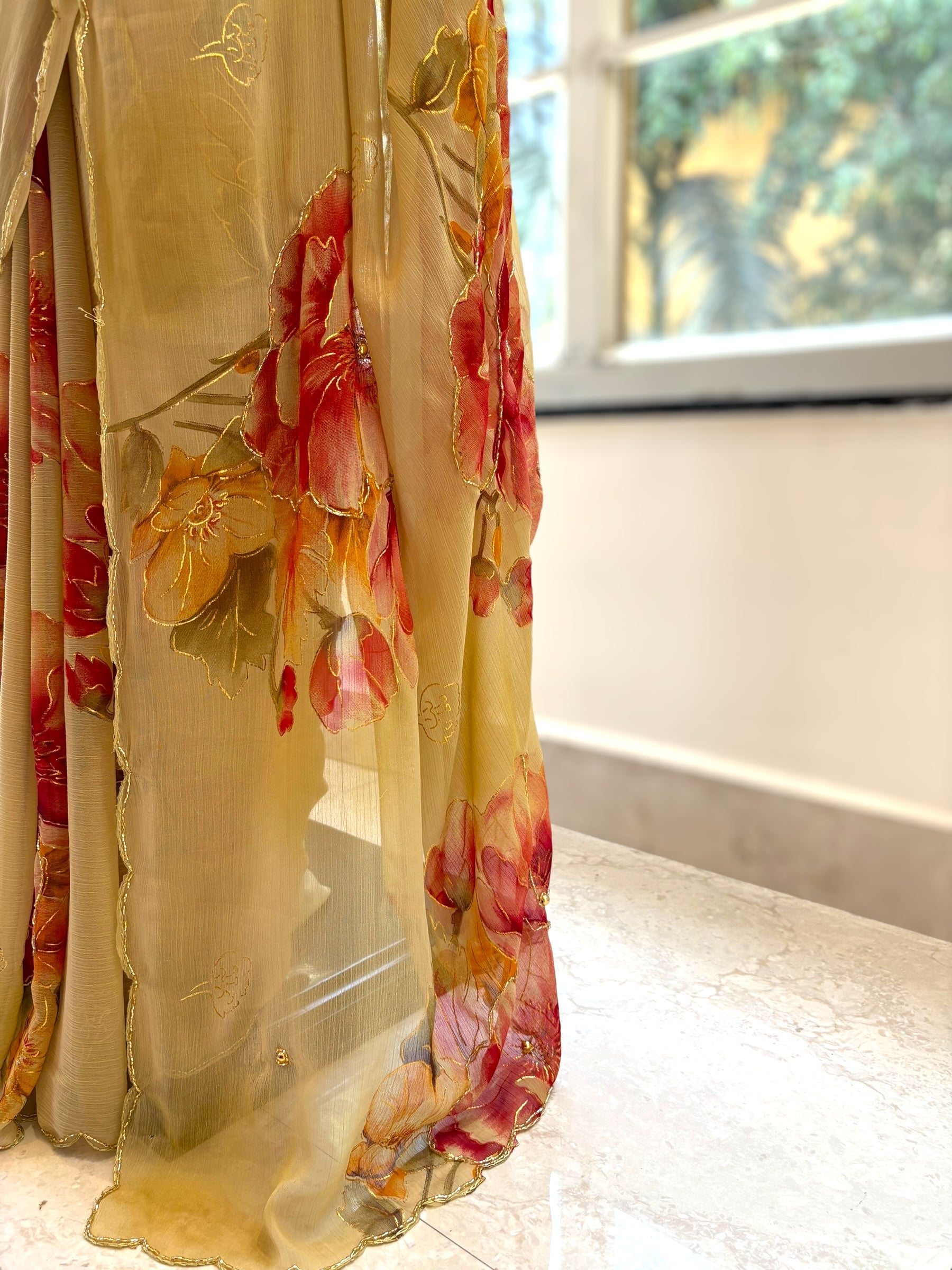 Floral chiffon embellished saree - Golden
