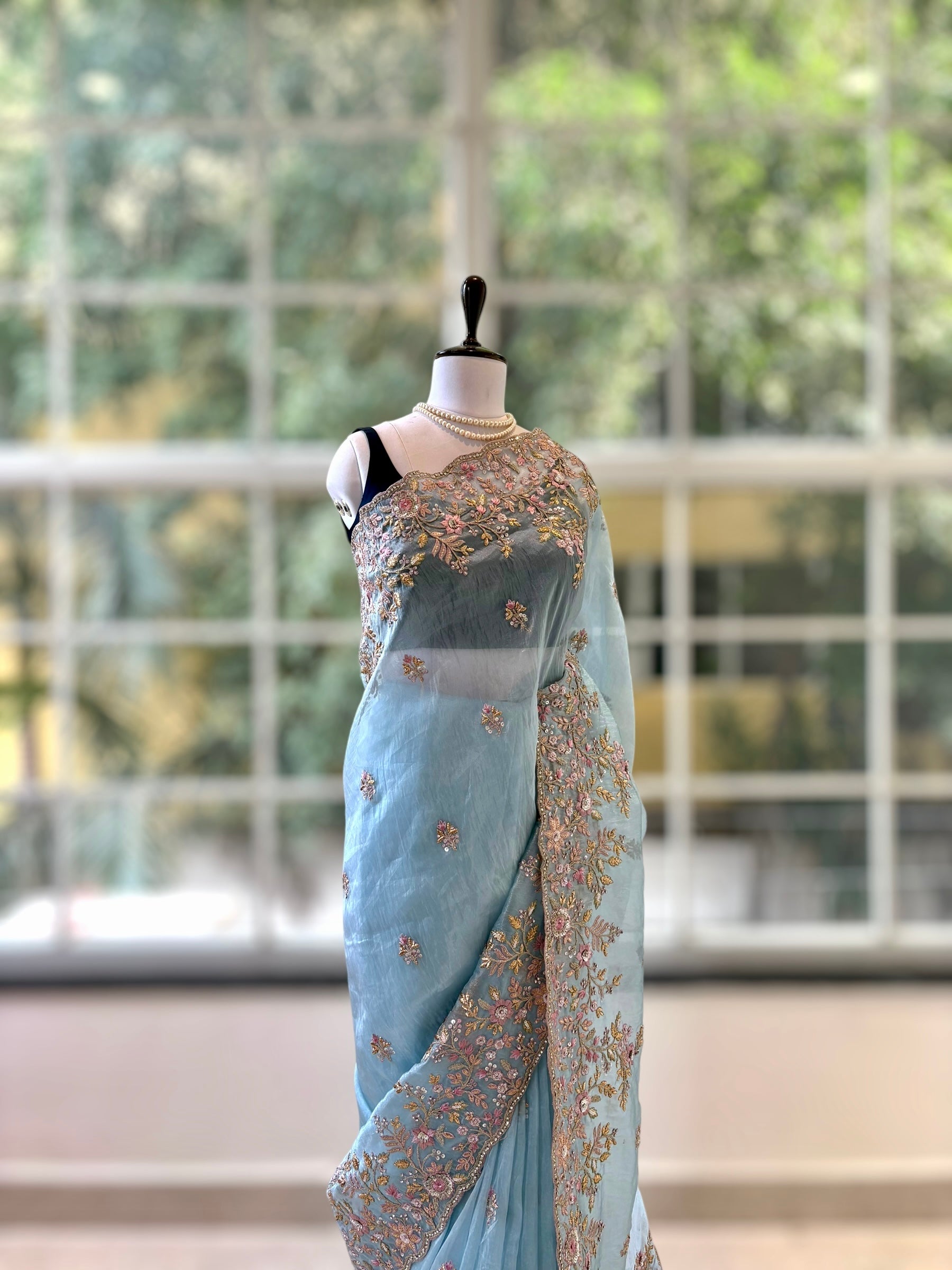 Blue Organza Embellished Saree