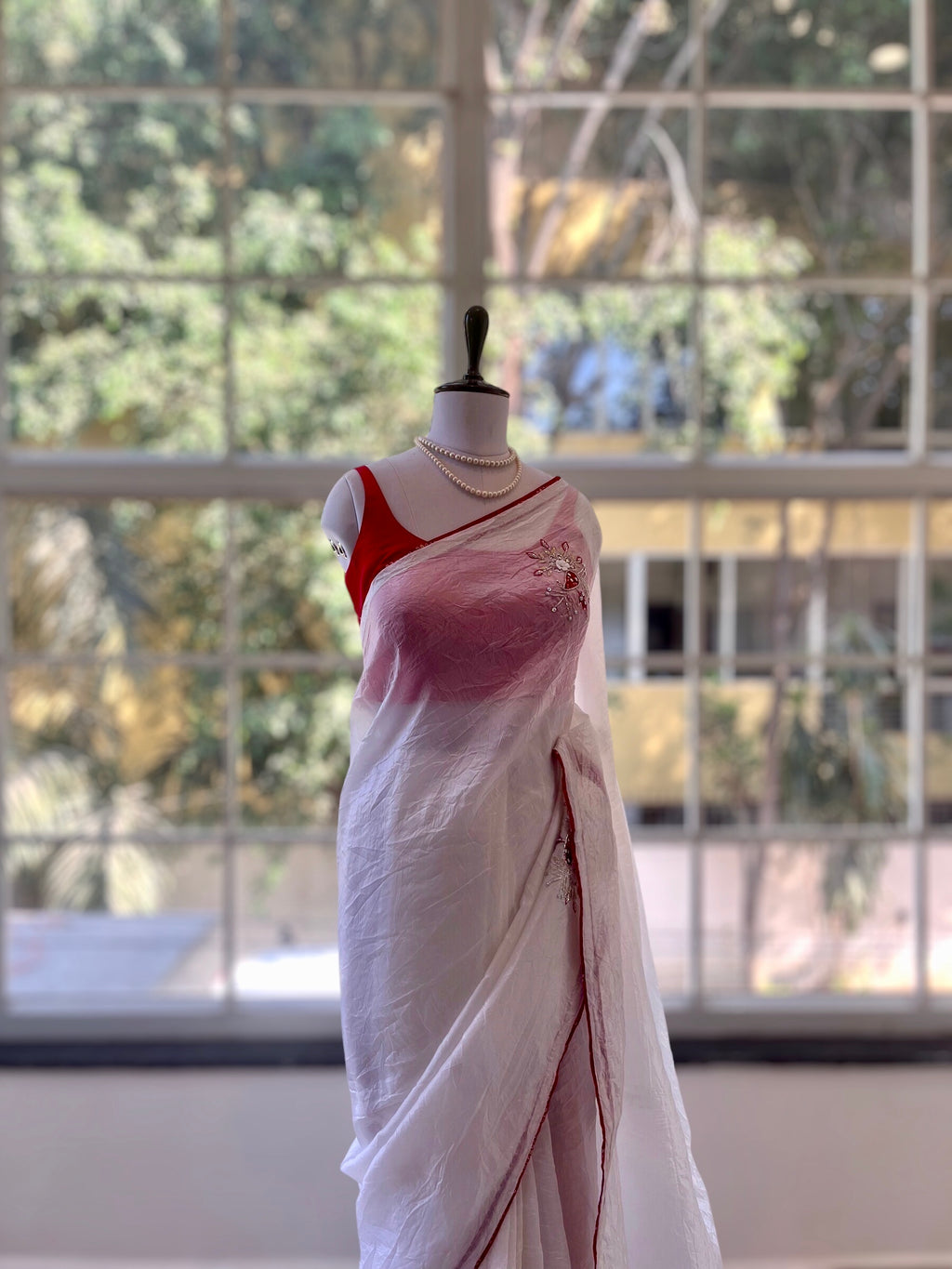 White crushed organza embellished saree