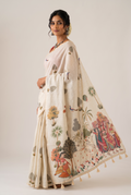 Beige printed soft cotton linen saree