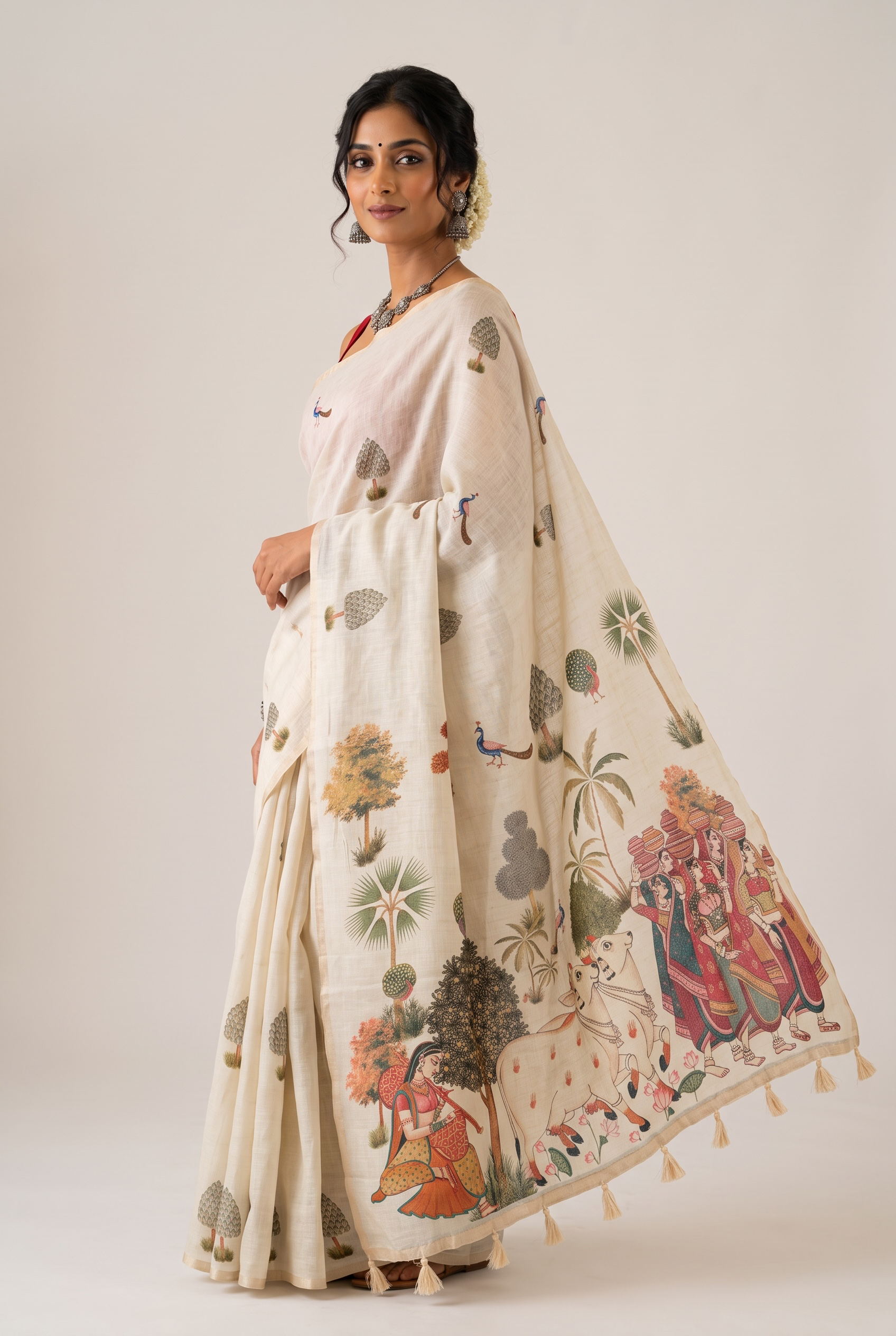 Beige printed soft cotton linen saree