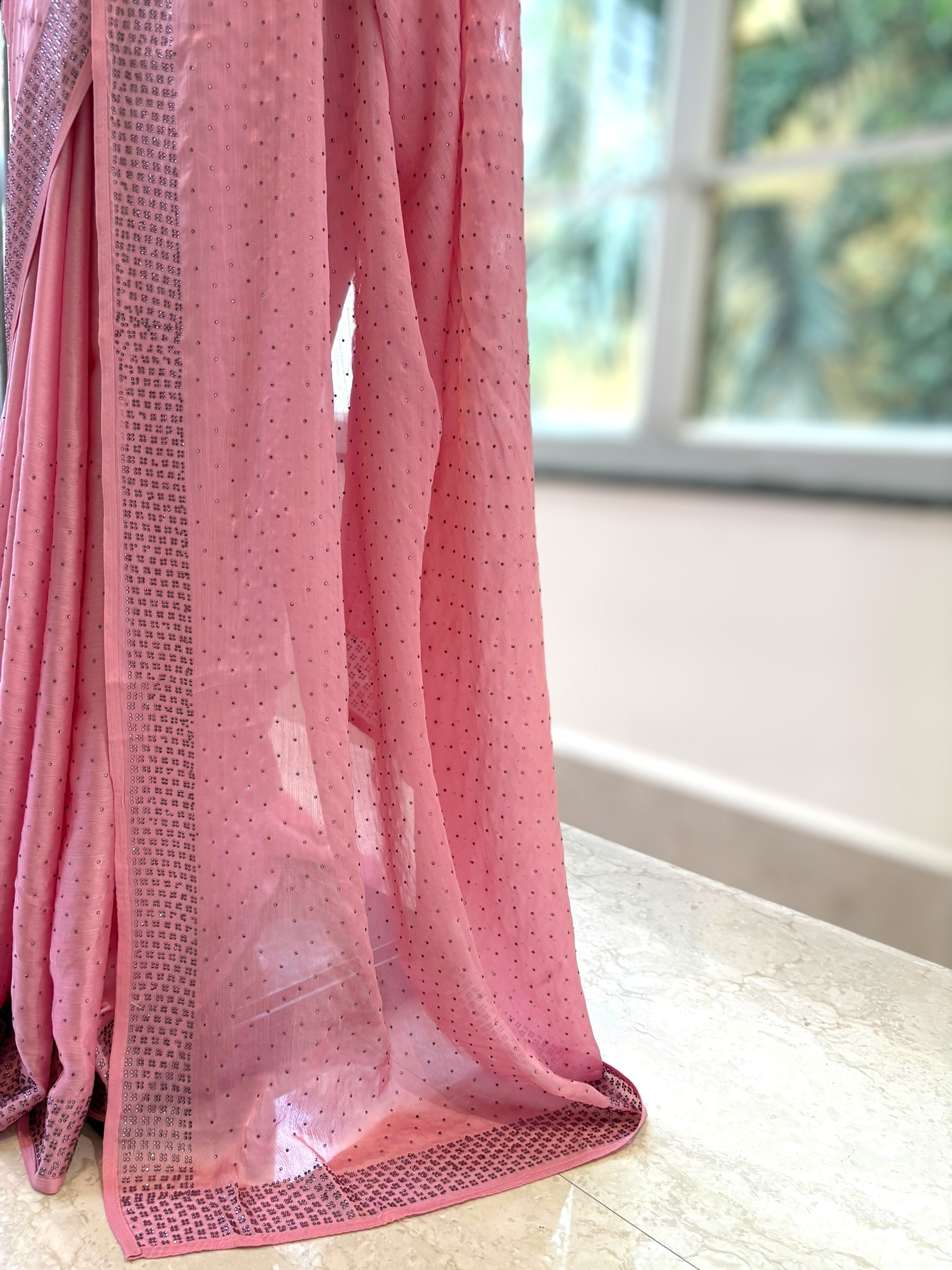 Pink swarovski satin saree