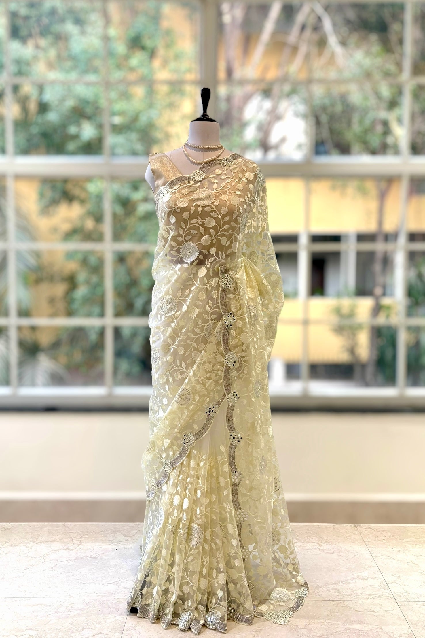 Off white floral net saree