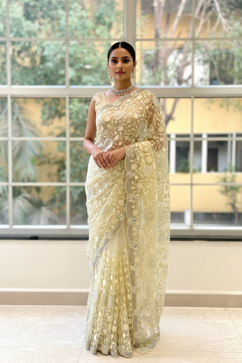 Off white floral net saree