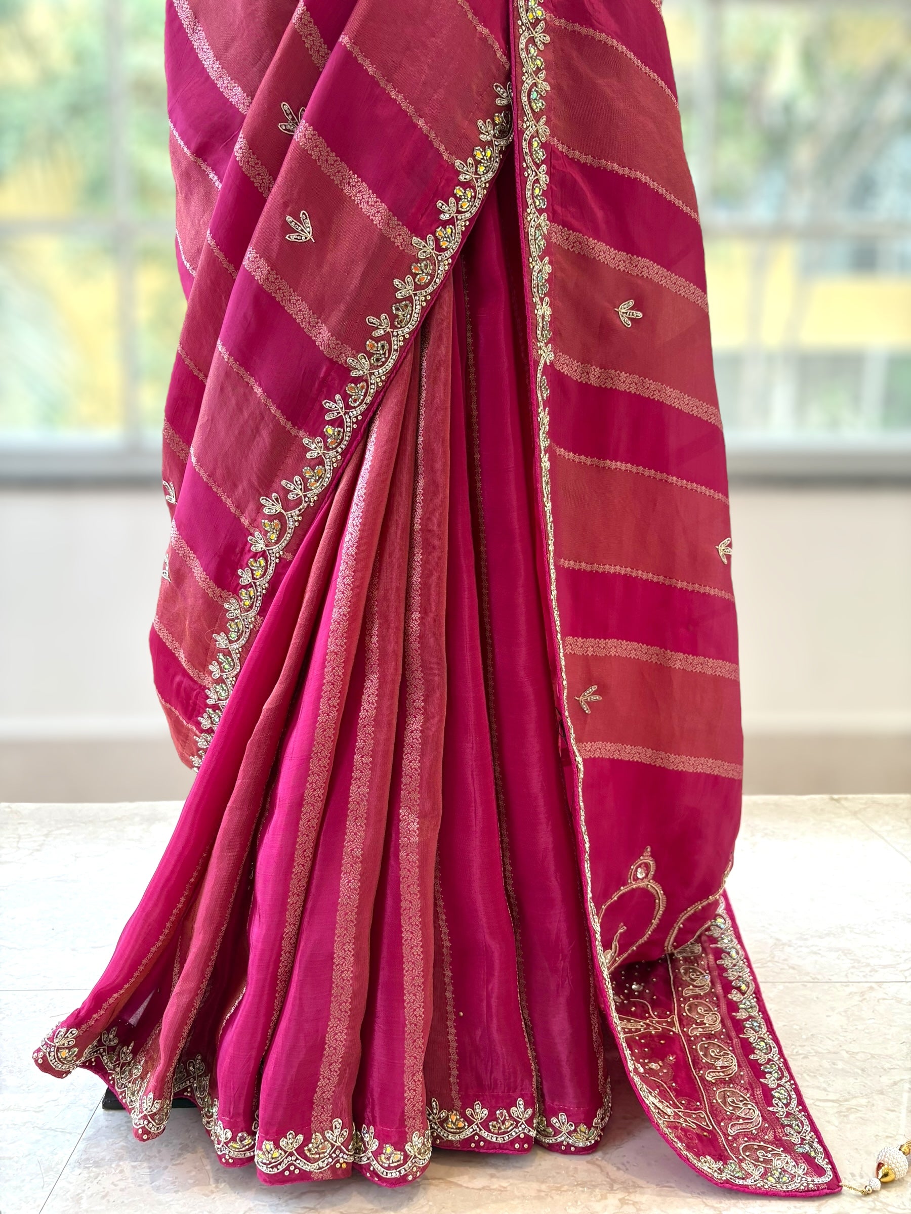 Fuchsia pink pure dola silk saree