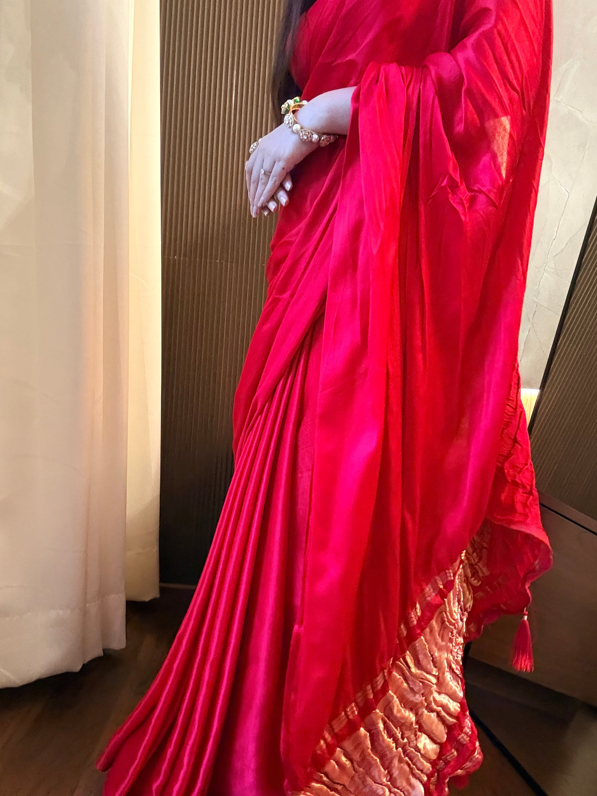 Plain pure gajji silk lagdi patta saree - Red