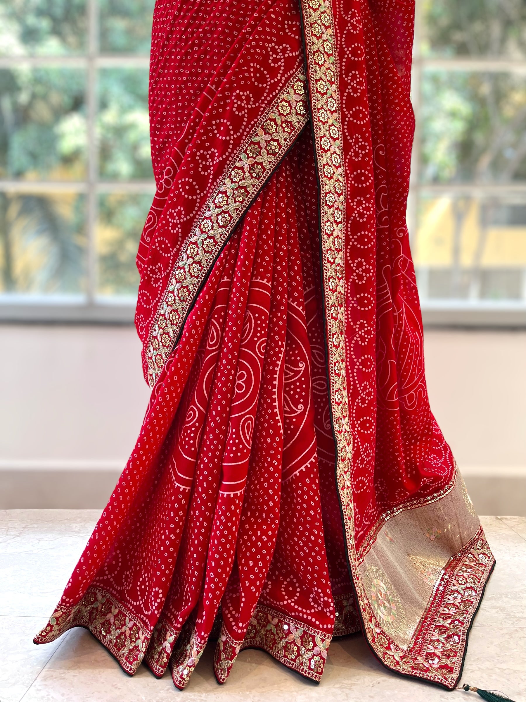Red Bandhani Printed Saree