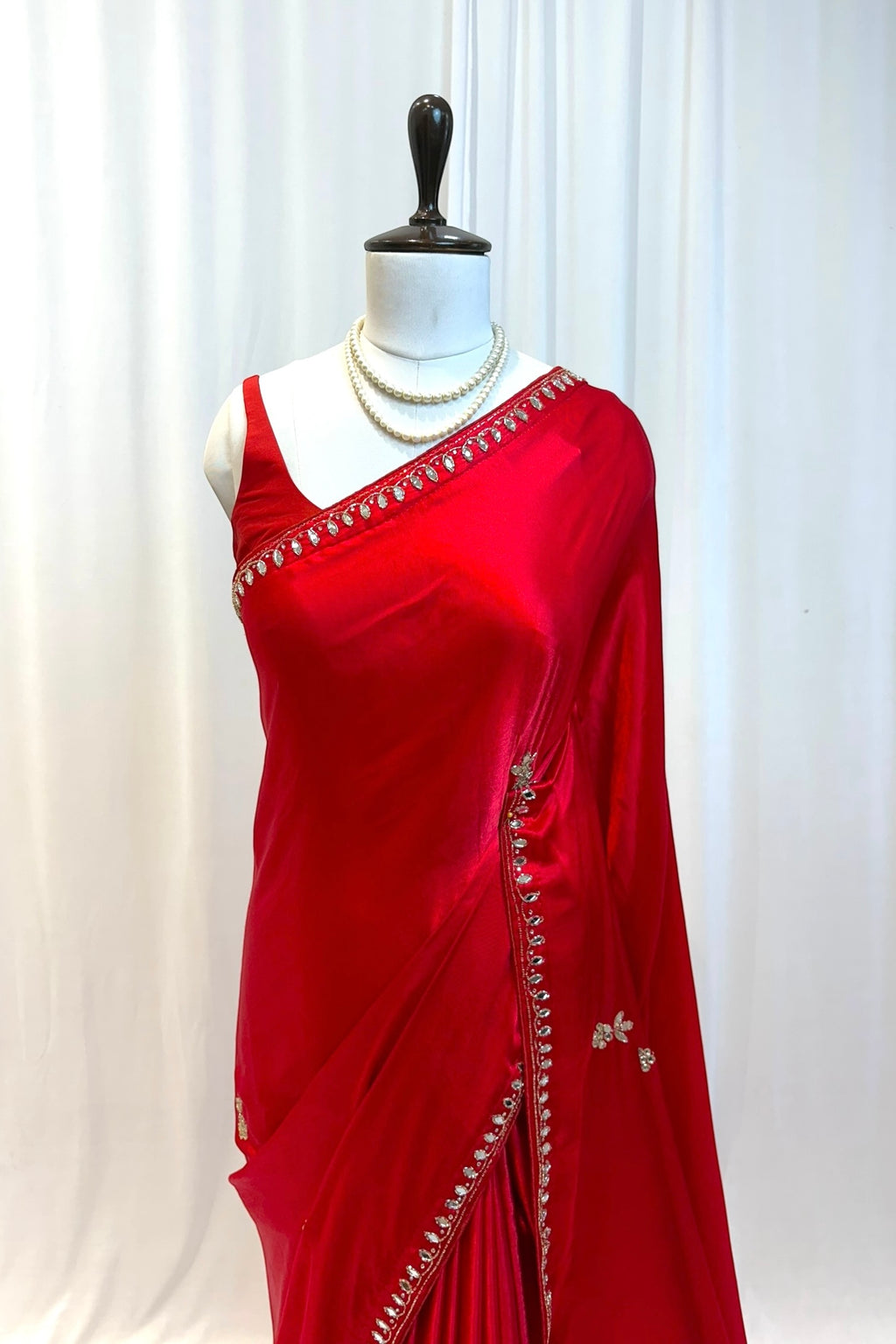 Modal satin mirror work saree - Red