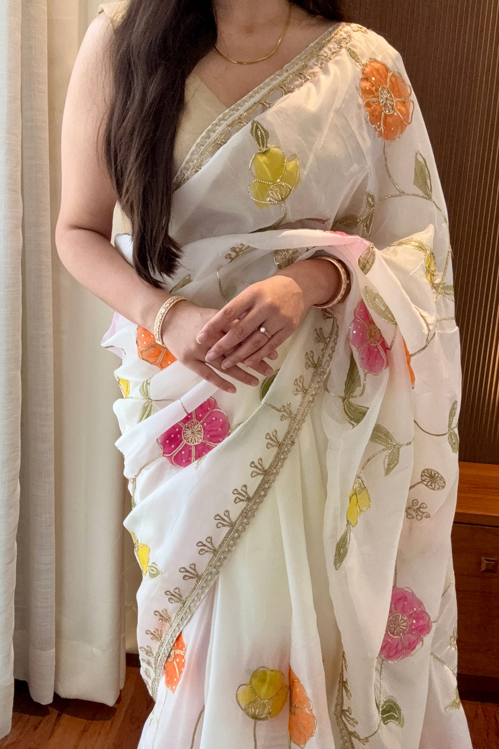 White floral multicolour organza saree