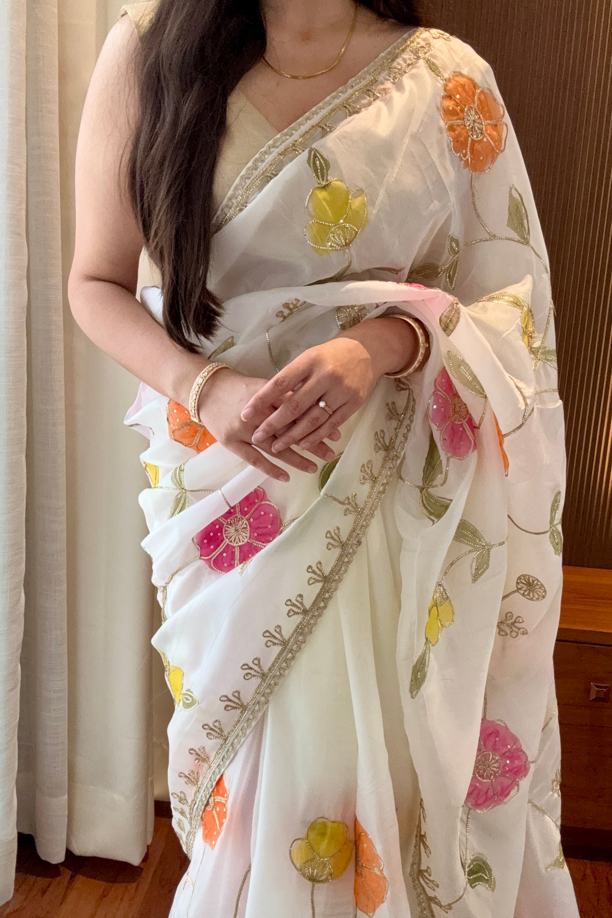 White floral multicolour organza saree