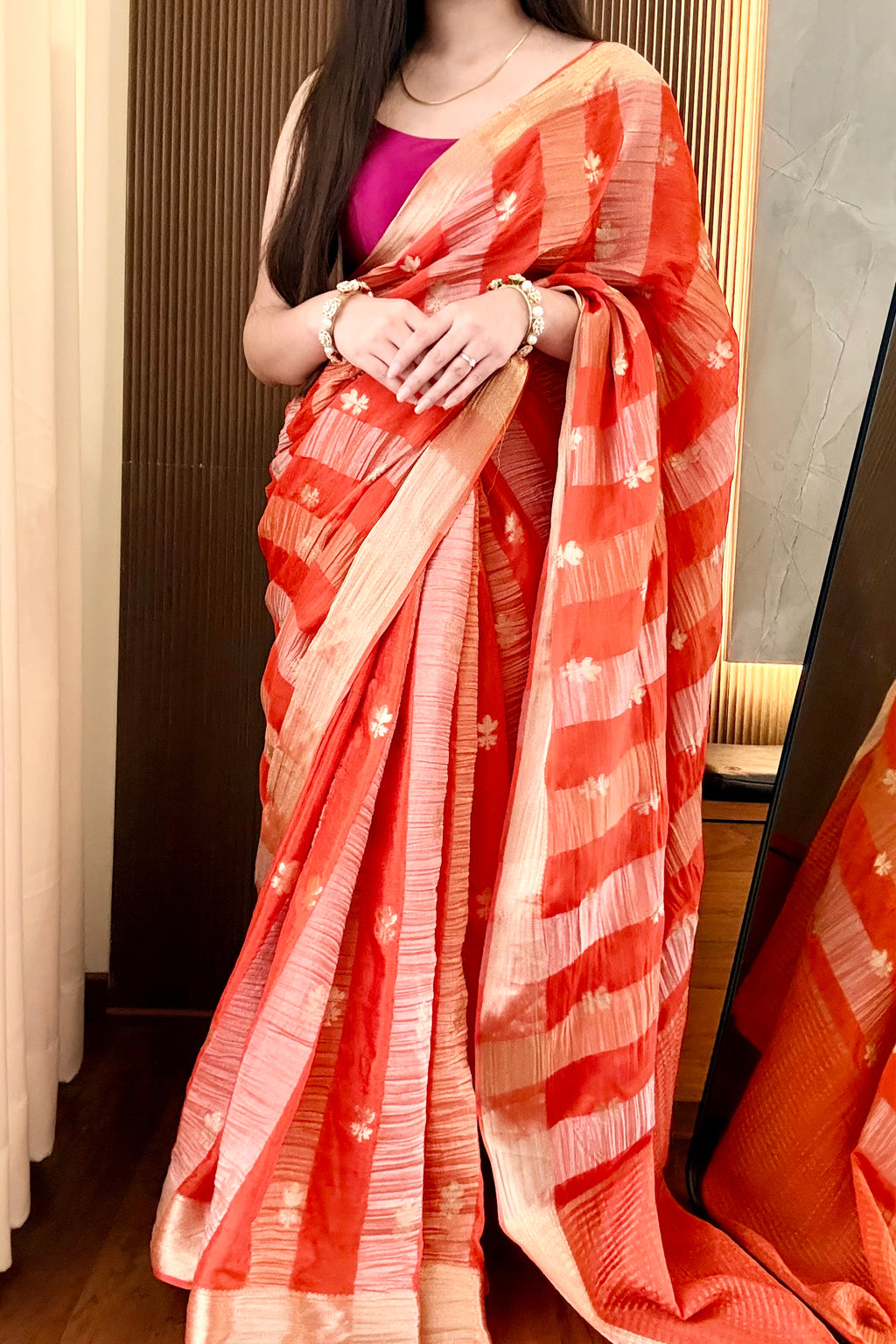 Chiffon zari stripes embroidered saree - Orange