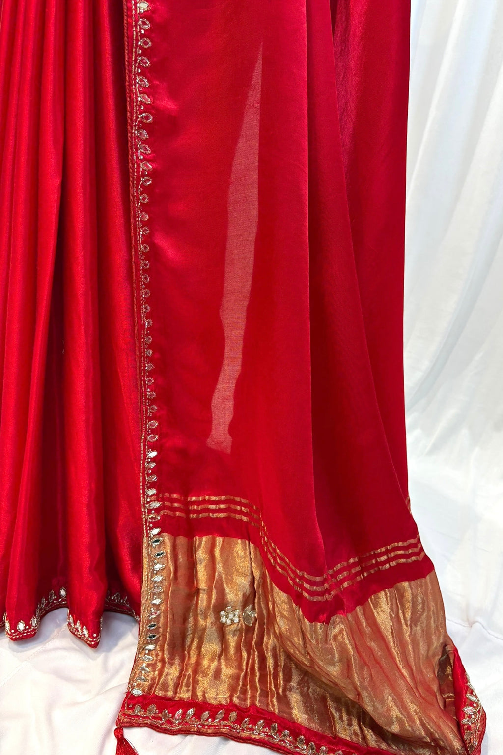 Modal satin mirror work saree - Red