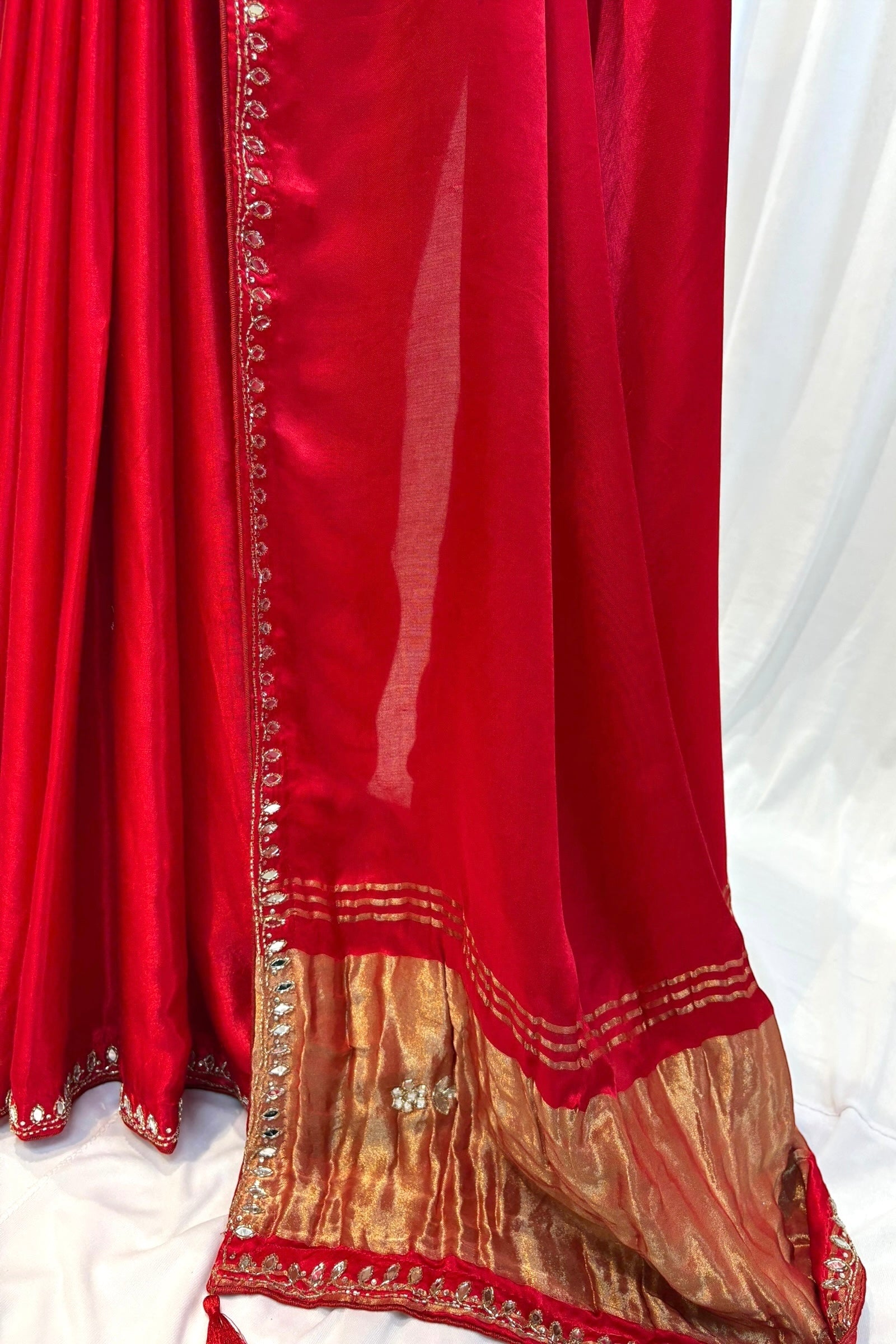 Modal satin mirror work saree - Red