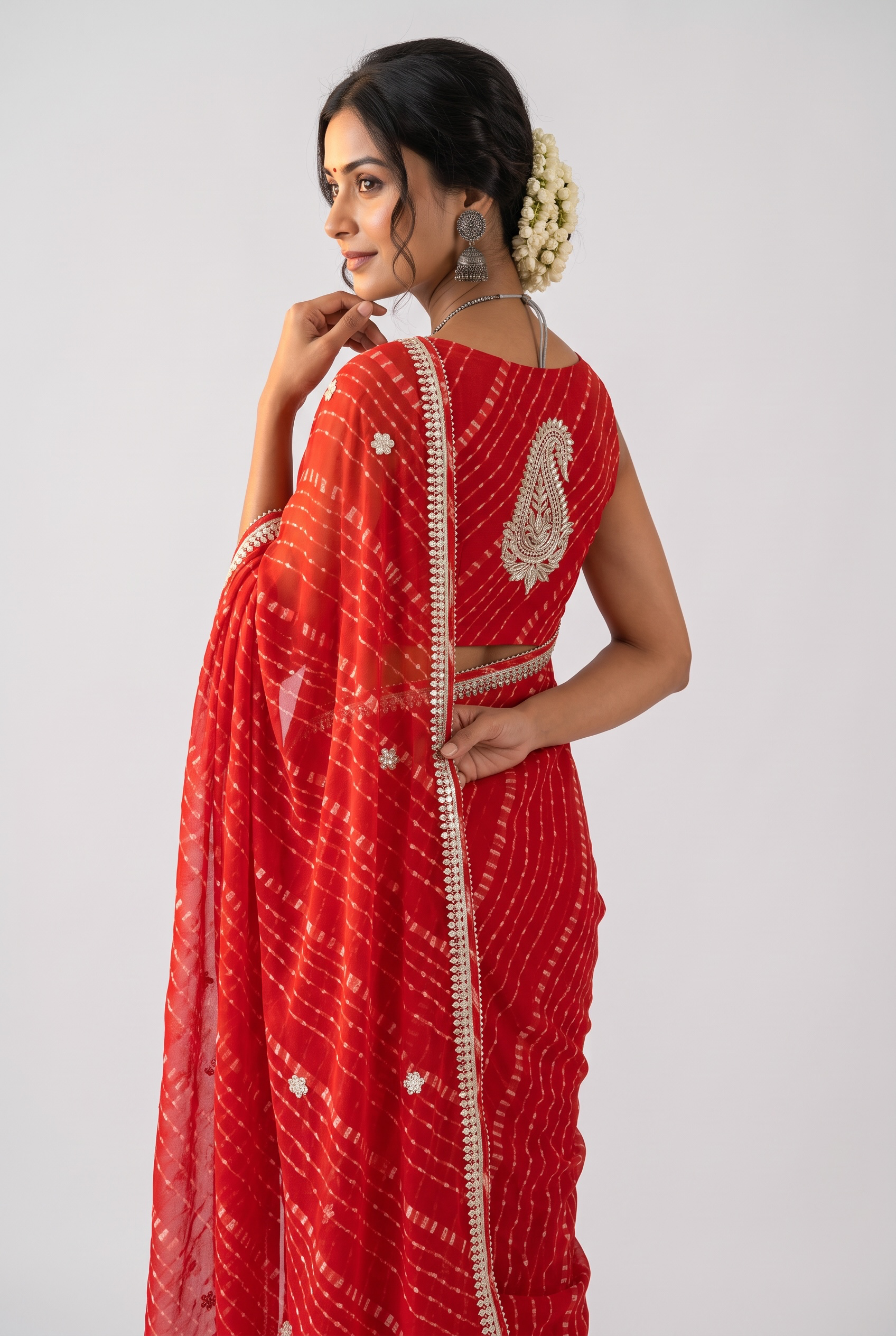 Georgette bandhani print gotta work saree - Red
