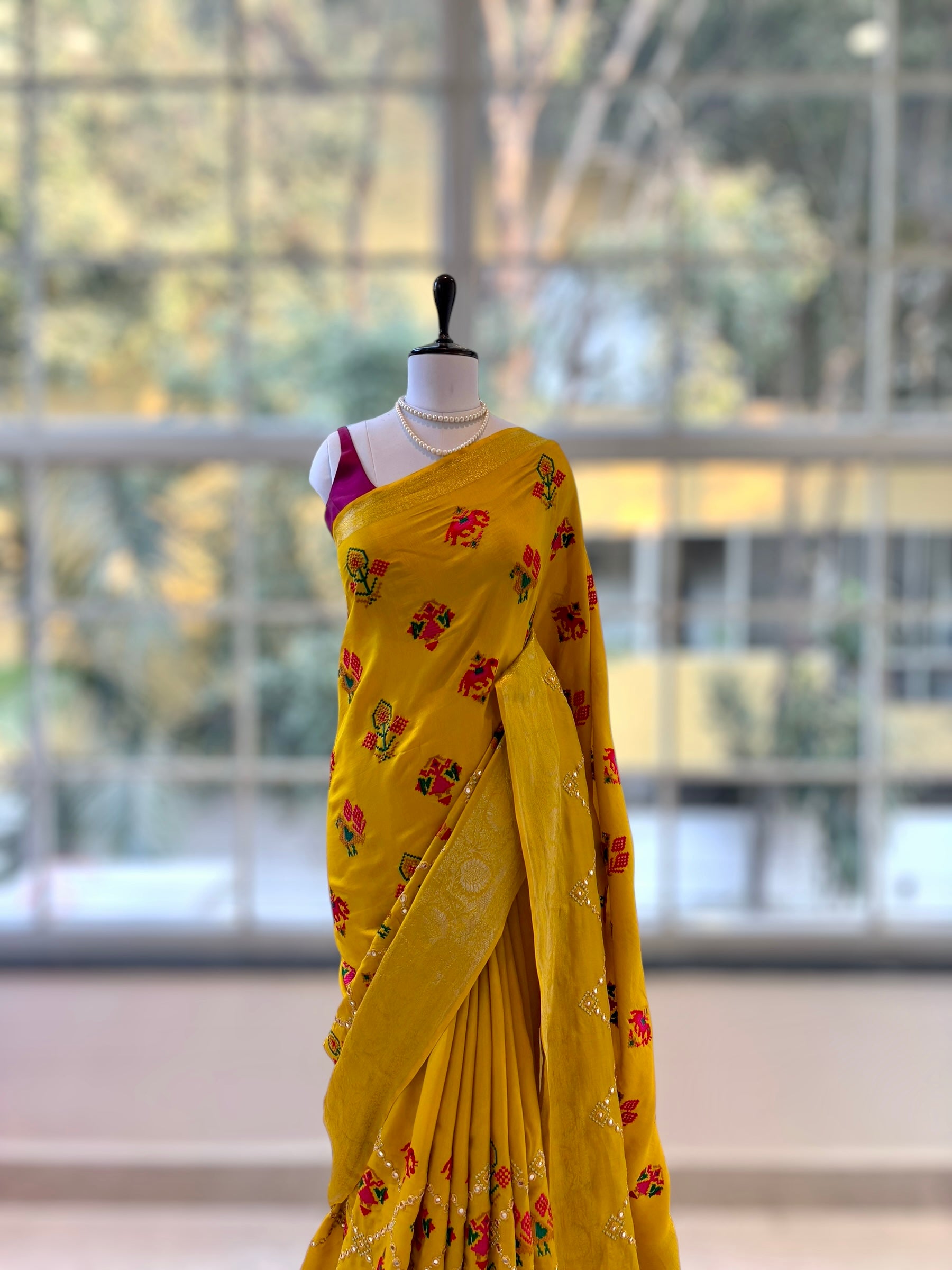 Pure resham patola mirror work saree - Mustard