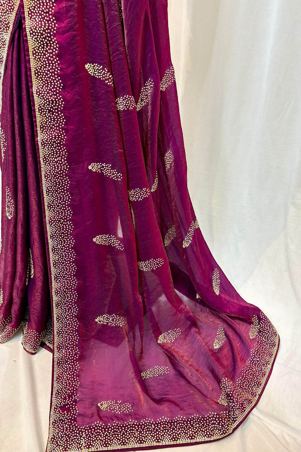 Wine swarovski fendy satin saree