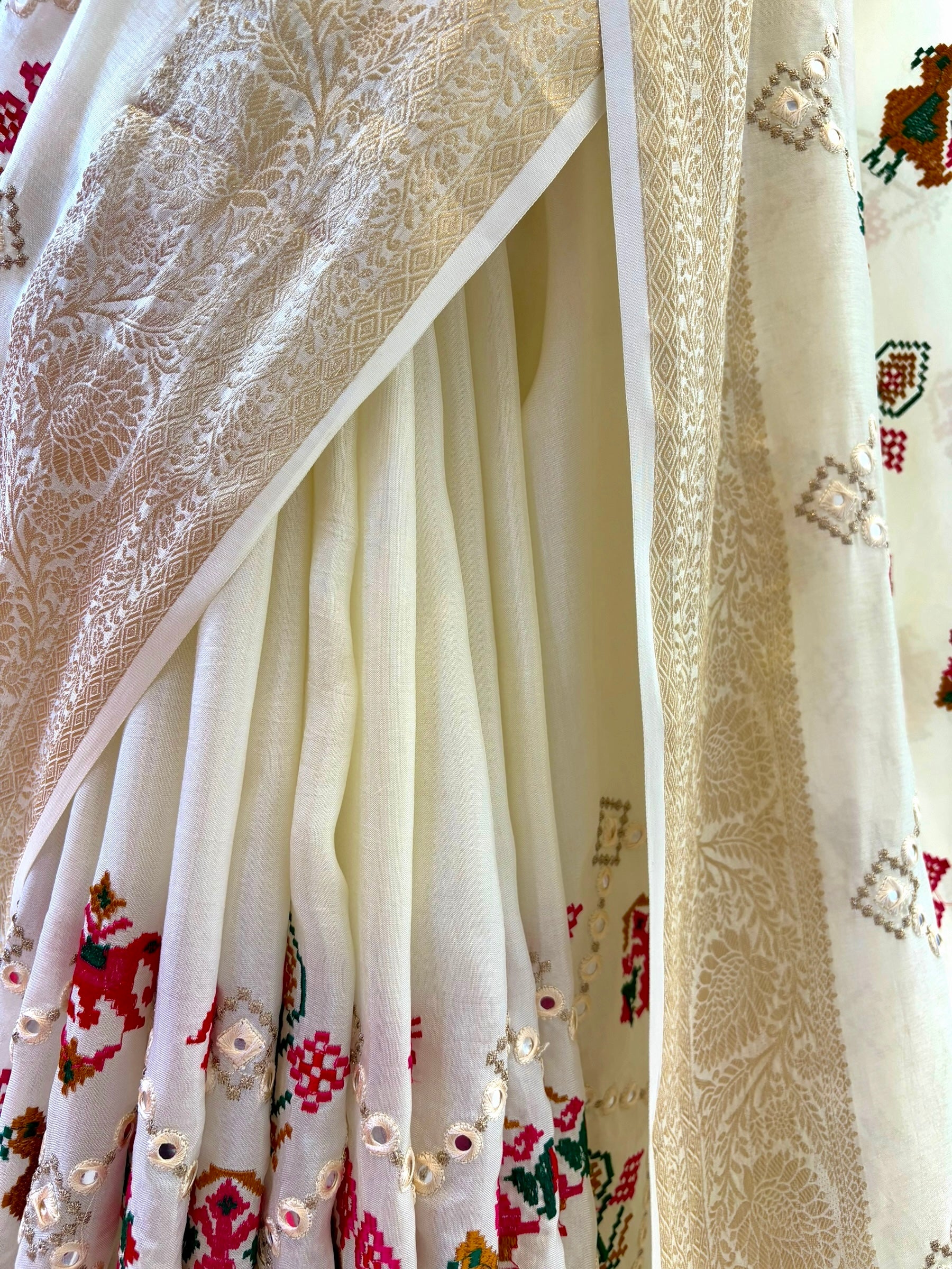 Pure resham patola mirror work saree - White