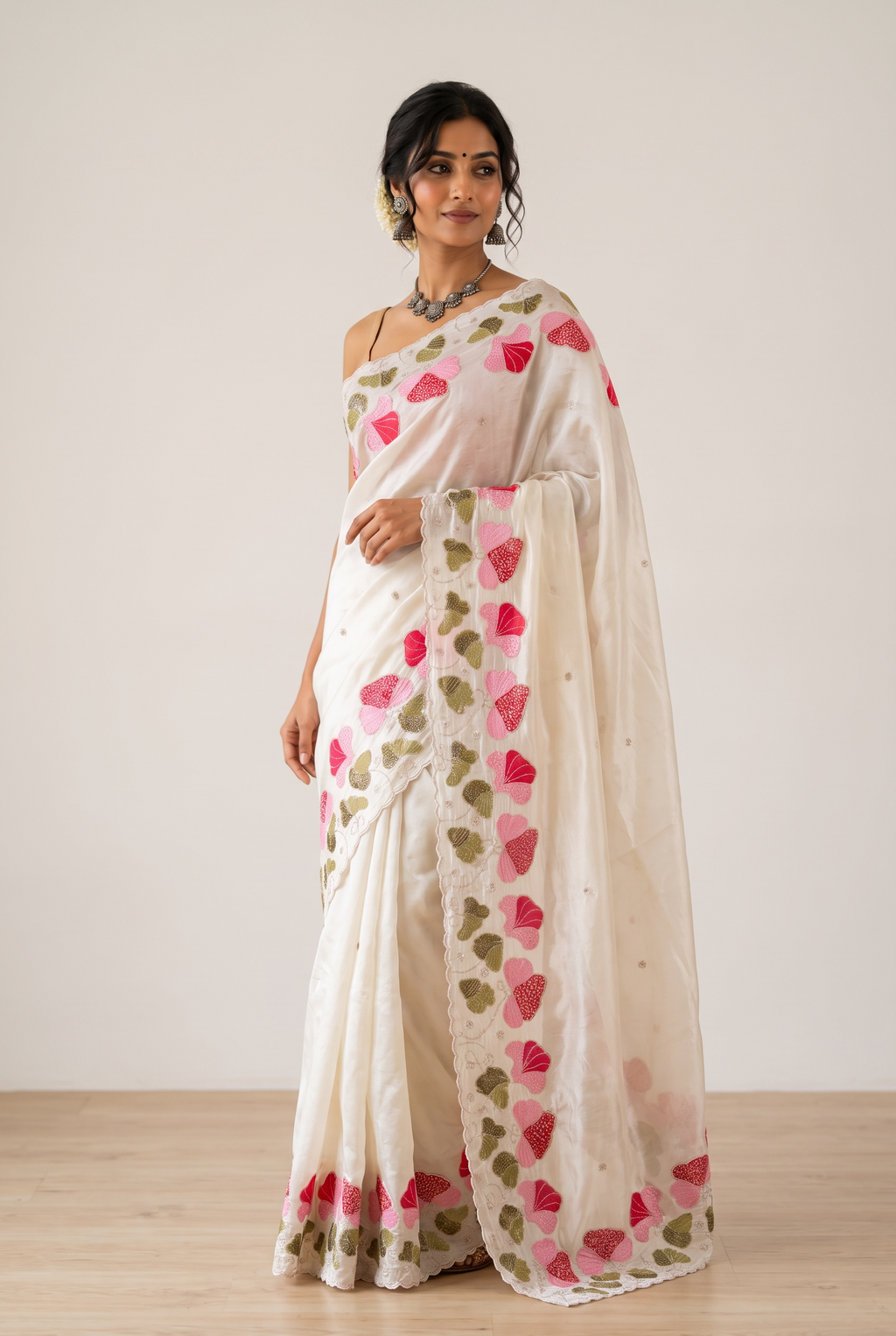 Floral sequins pure organza saree - White
