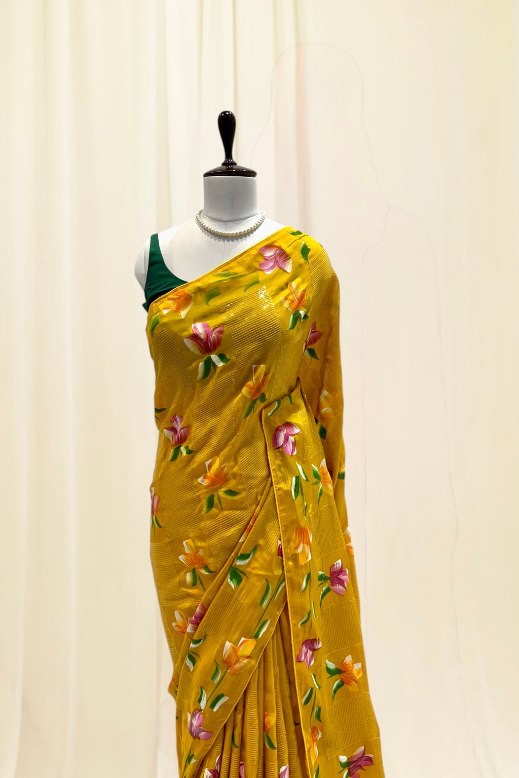 Floral sequins organza saree - Musturd