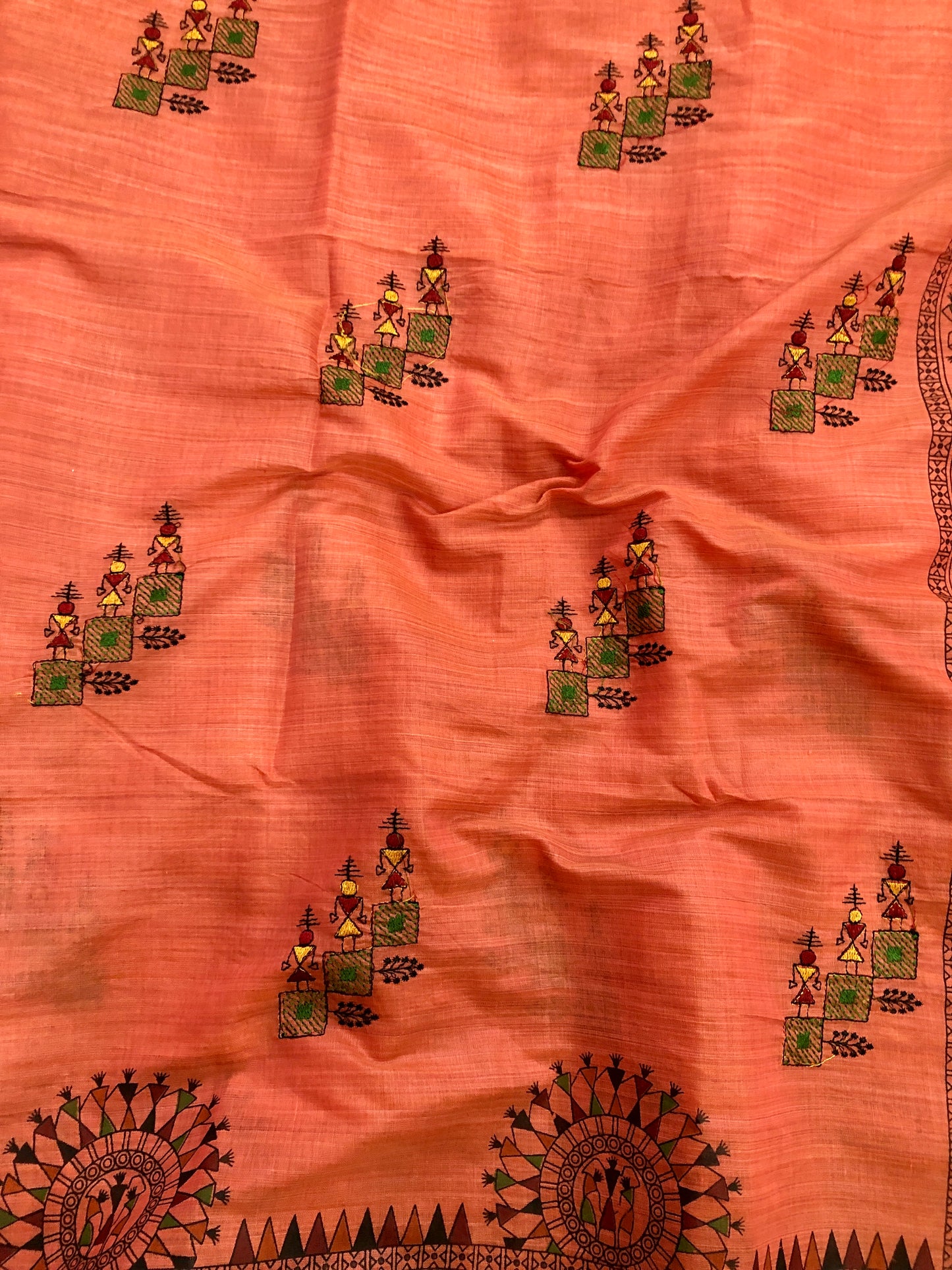 Embroidered Cotton Saree - Red