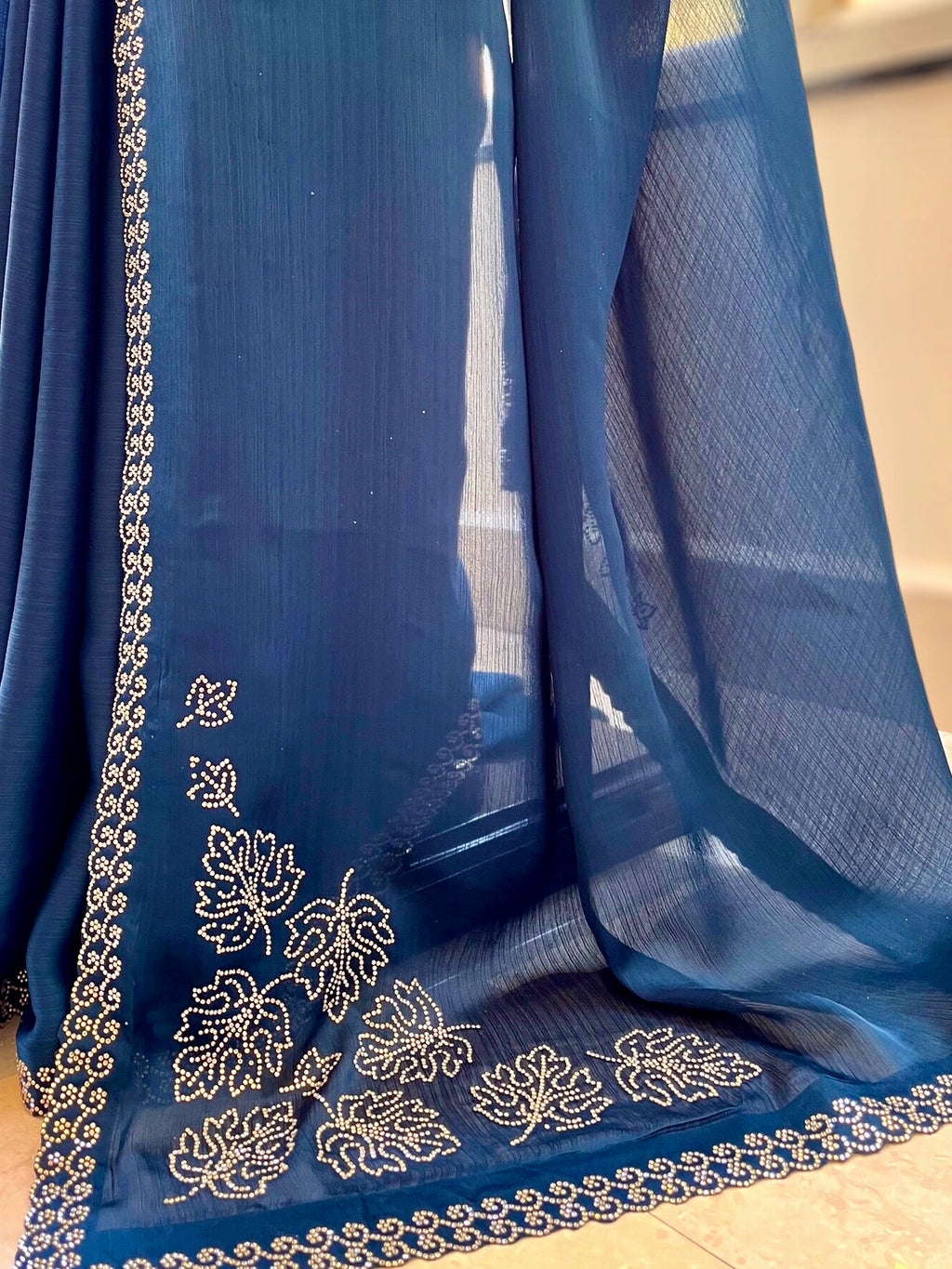 Swarovski embellished Marble Chiffon Saree - Navy Blue