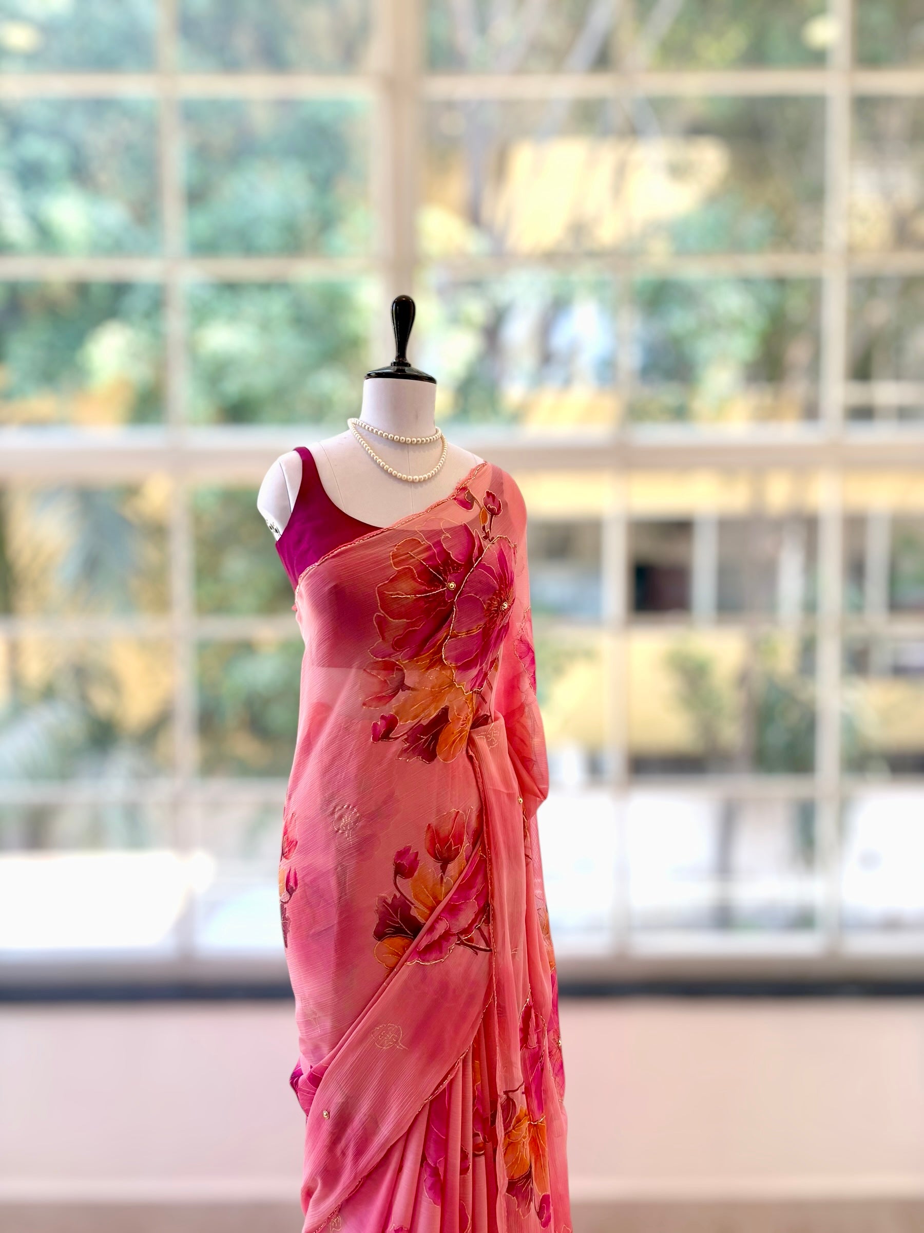 Floral chiffon embellished saree - Pink