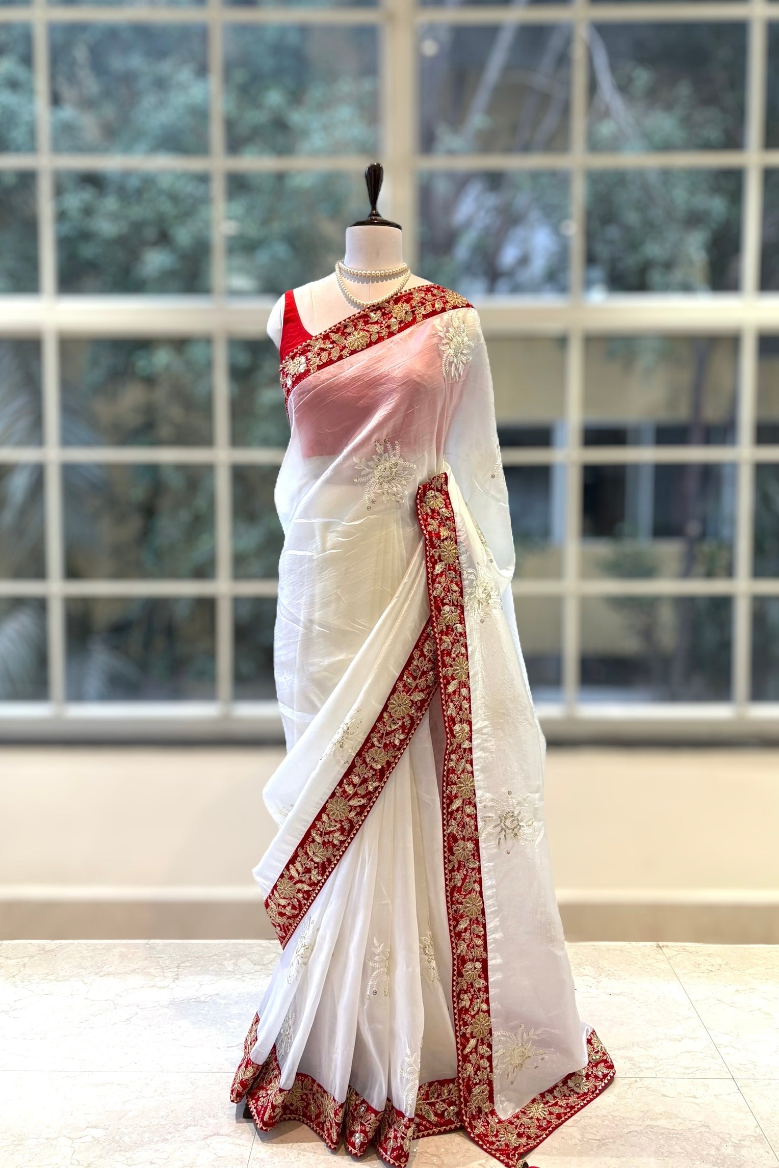 Soft organza embroidered saree - White