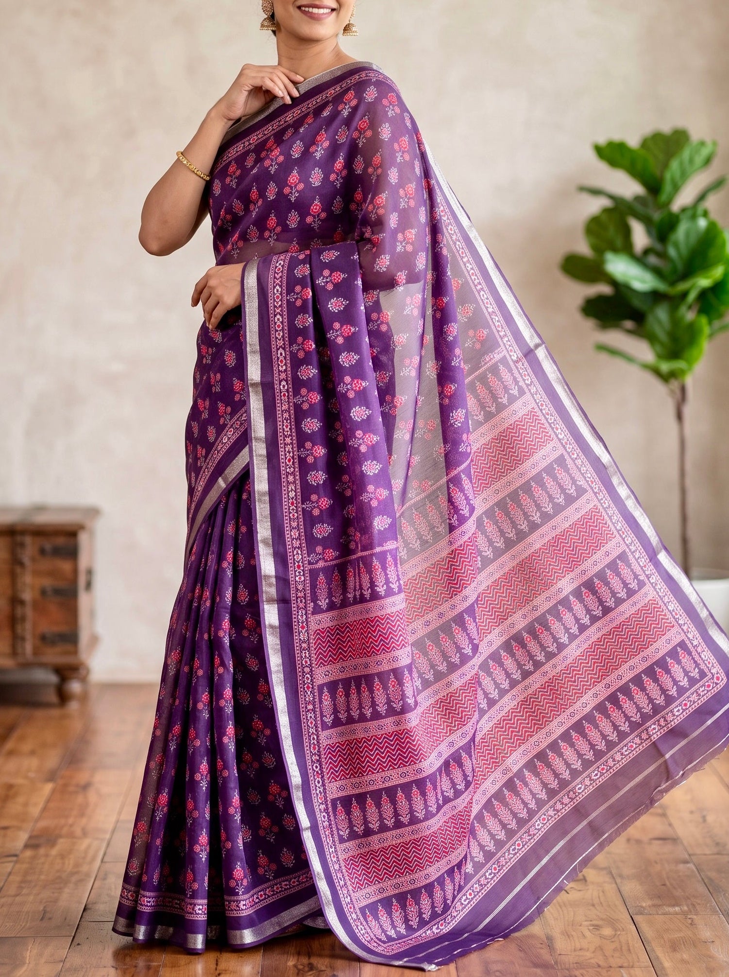 Soft muslin cotton saree - Purple