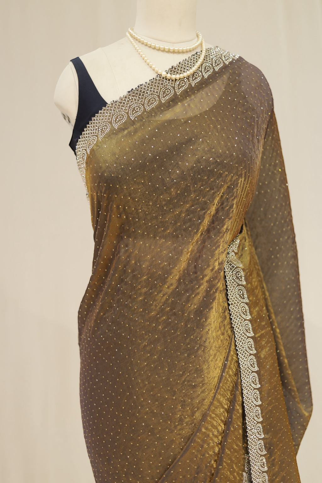 Golden fendy satin shimmer saree