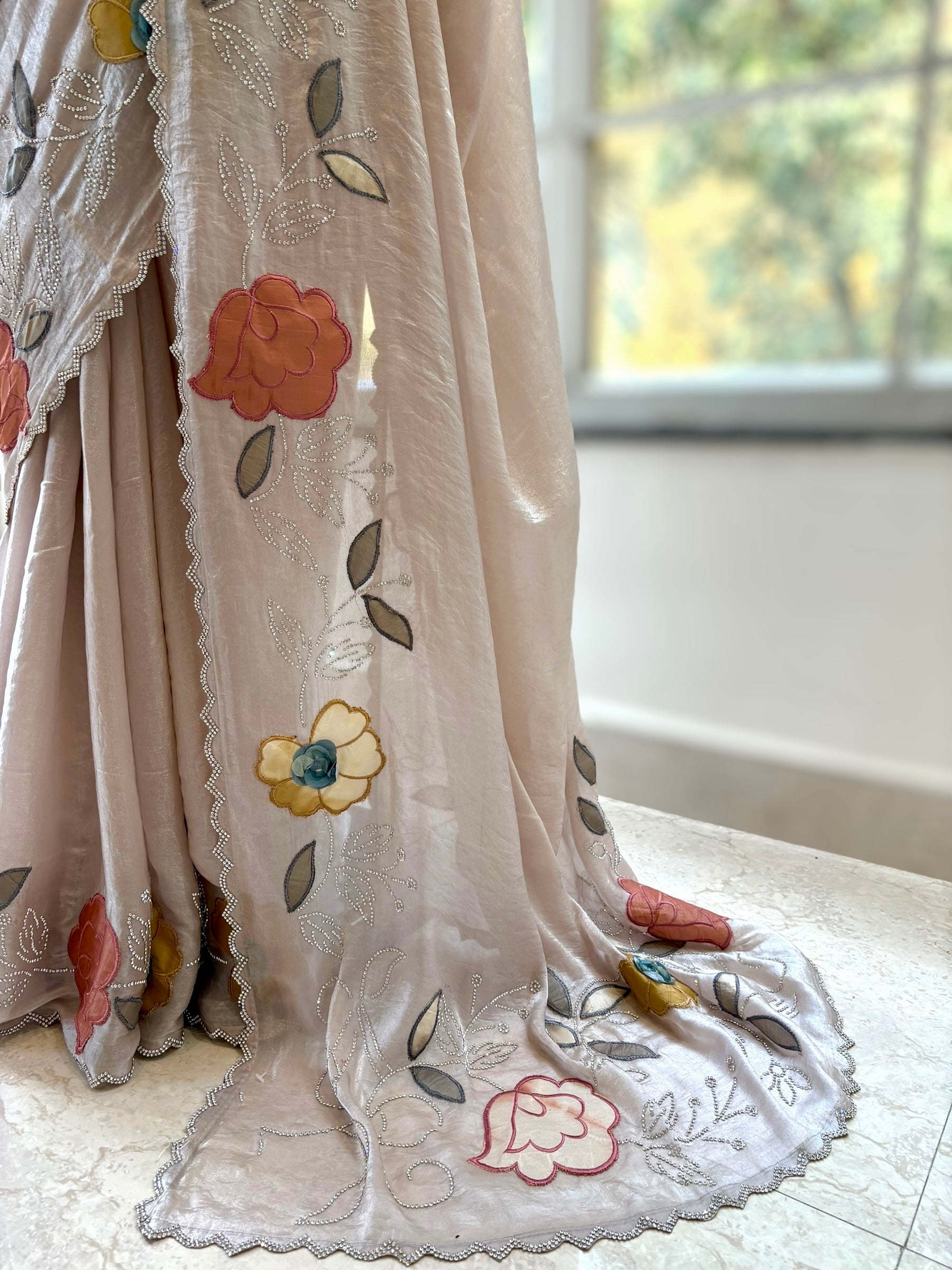 Fendy satin floral stone work saree - Nude