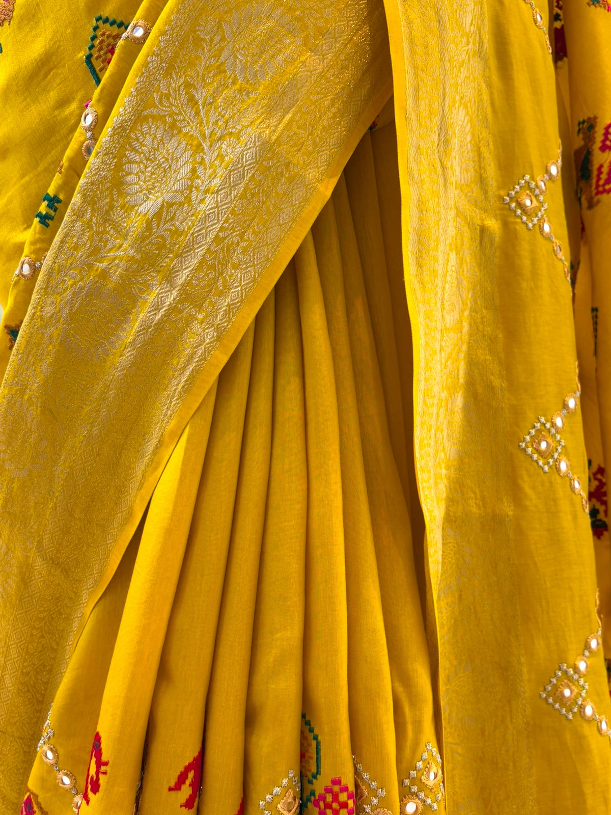 Pure resham patola mirror work saree - Mustard