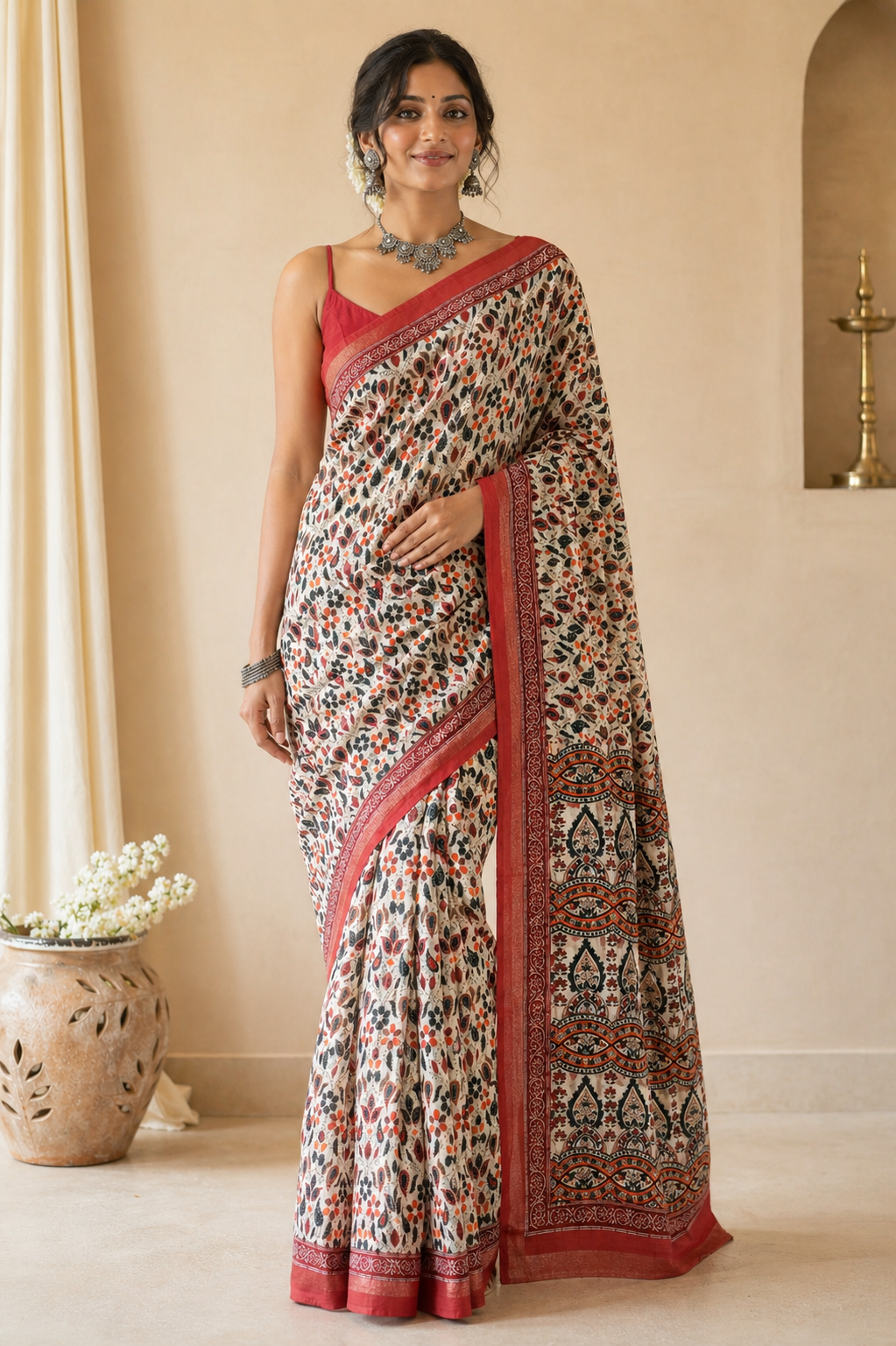 Soft muslin cotton saree - White