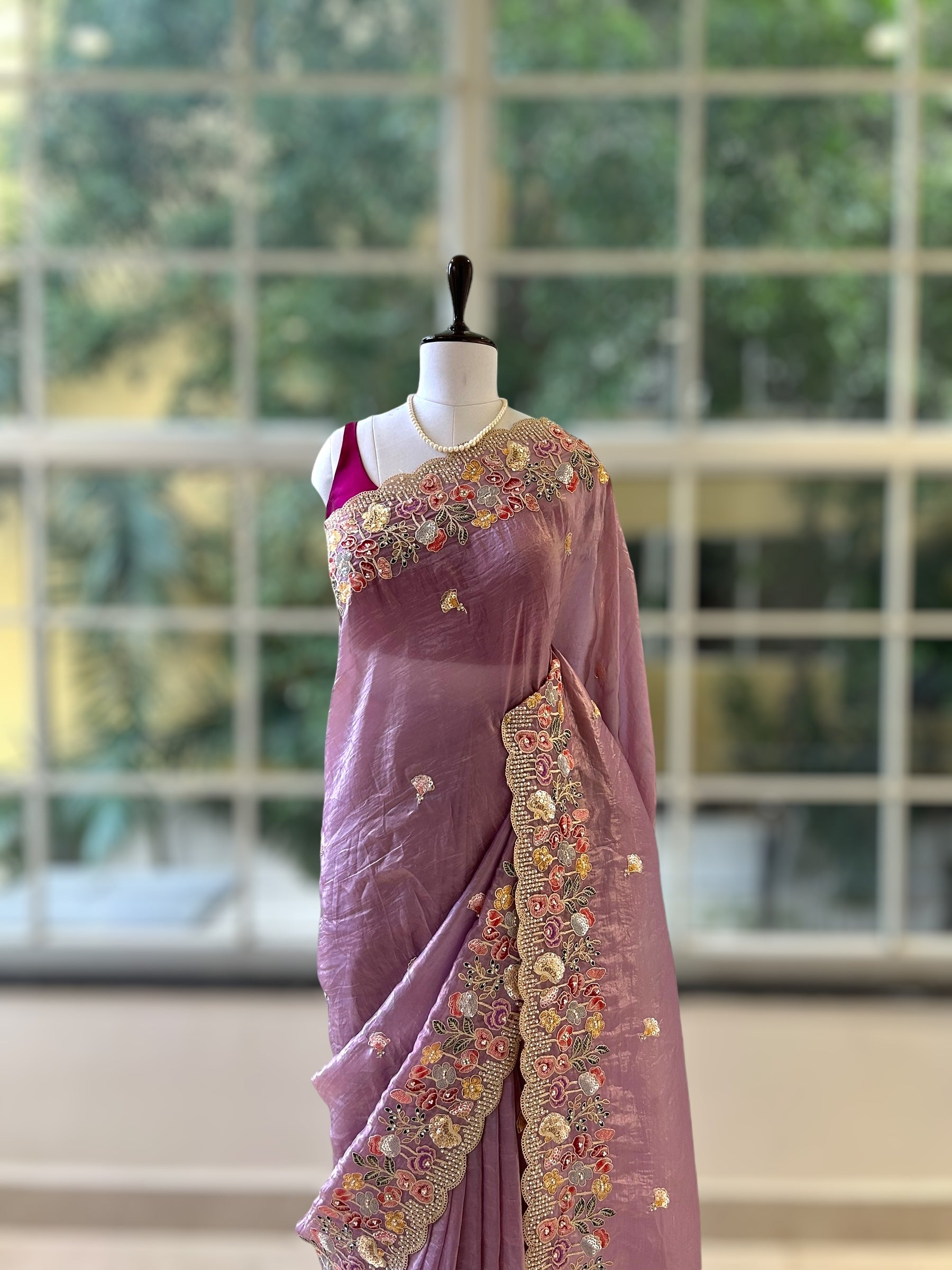 Pearl embroidered organza saree - Lilac