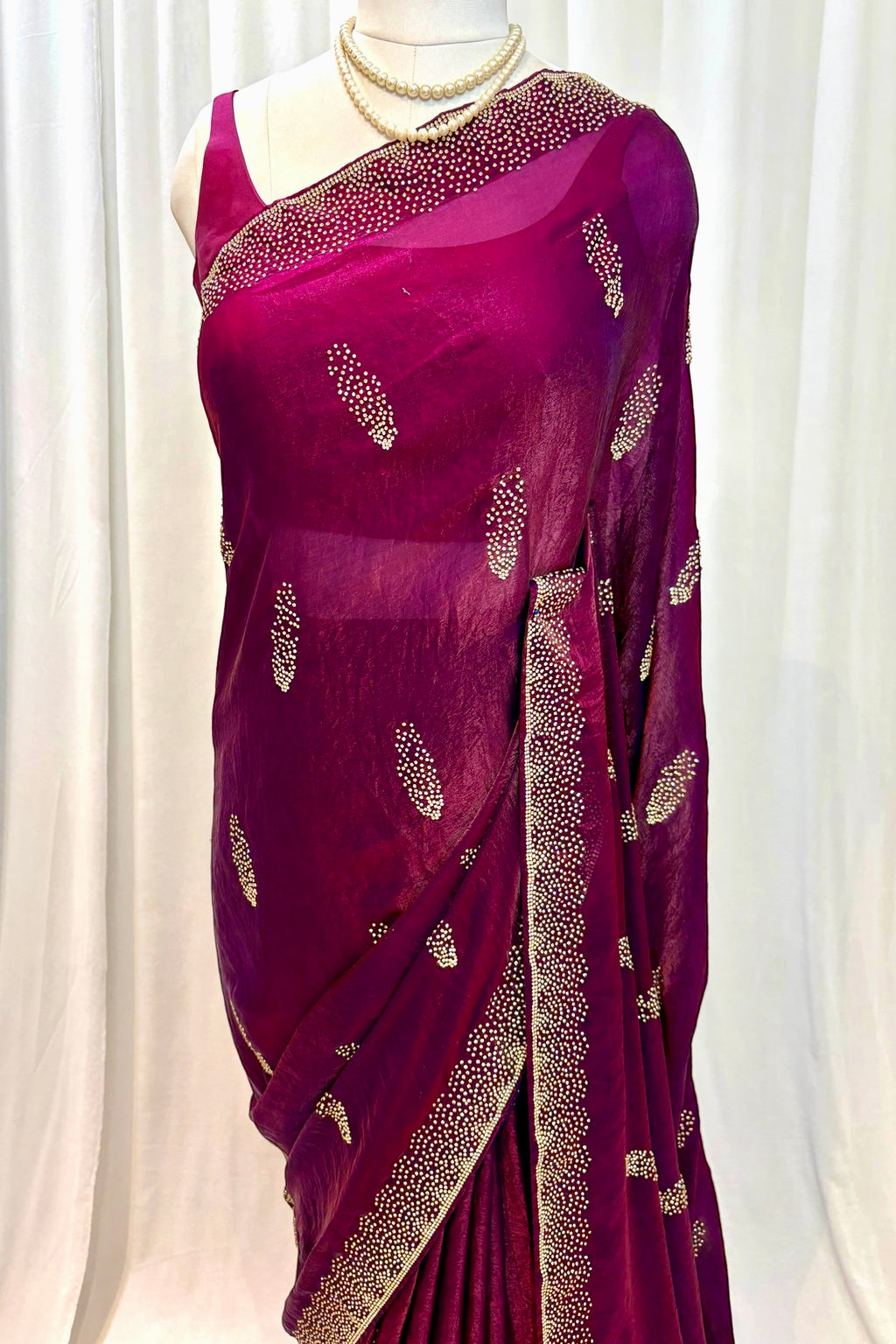 Wine swarovski fendy satin saree