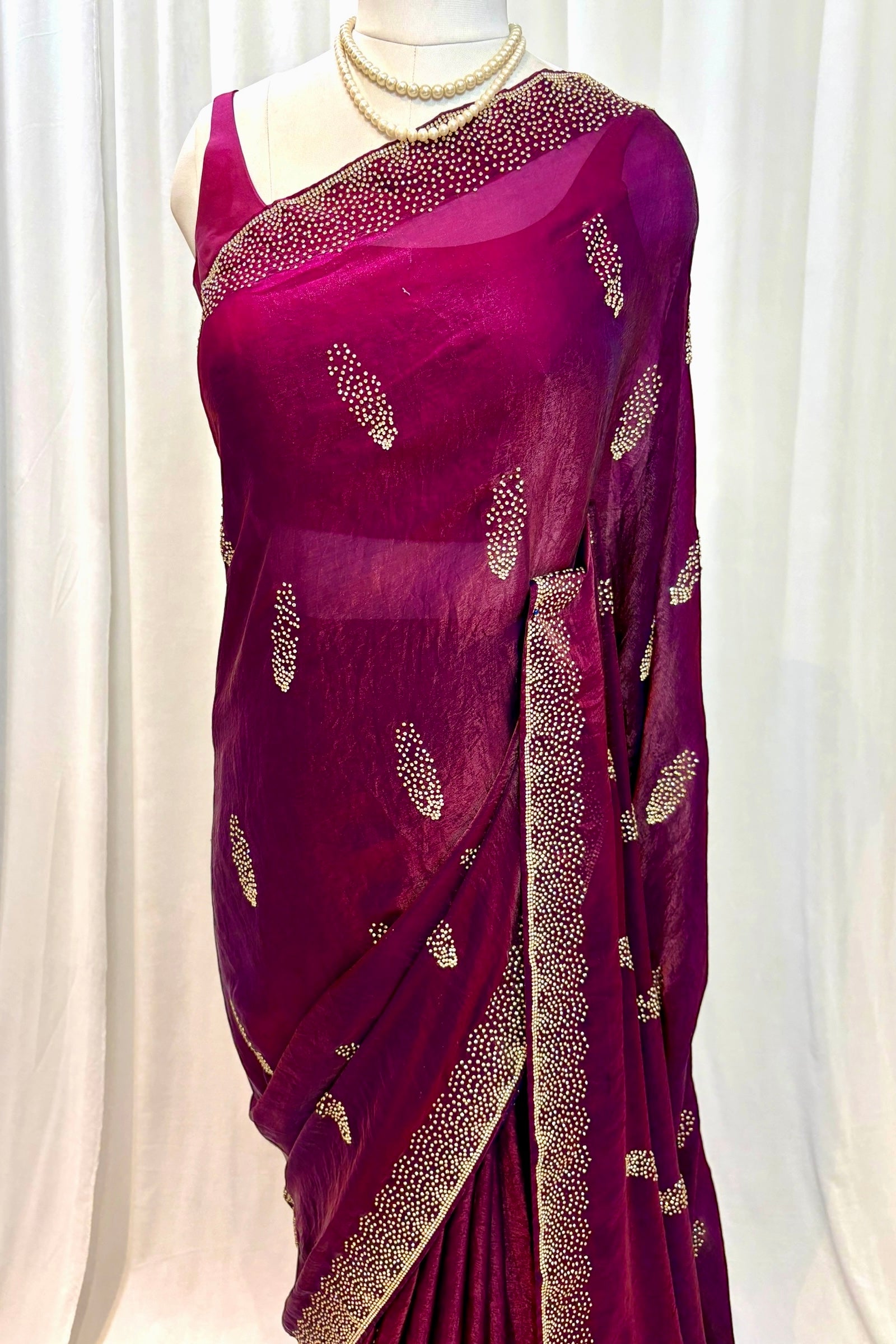 Wine swarovski fendy satin saree