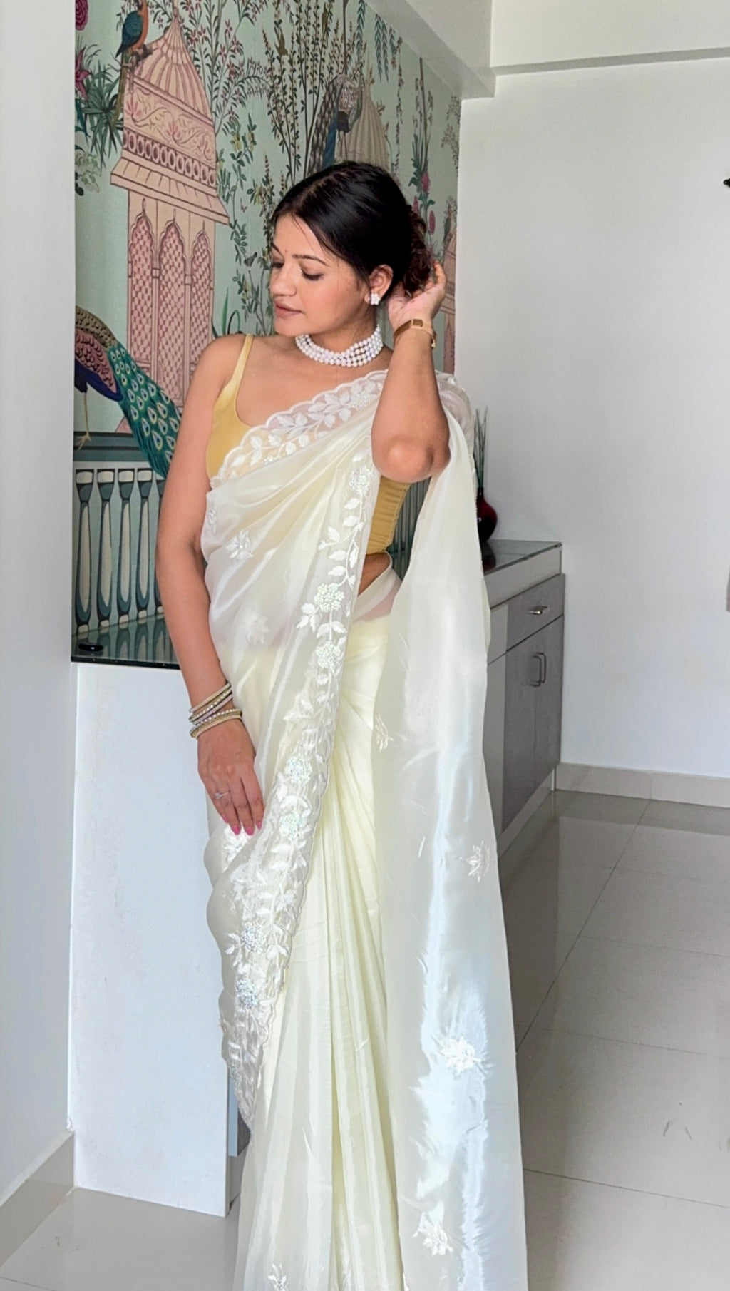 White threadwork embellished scallop saree