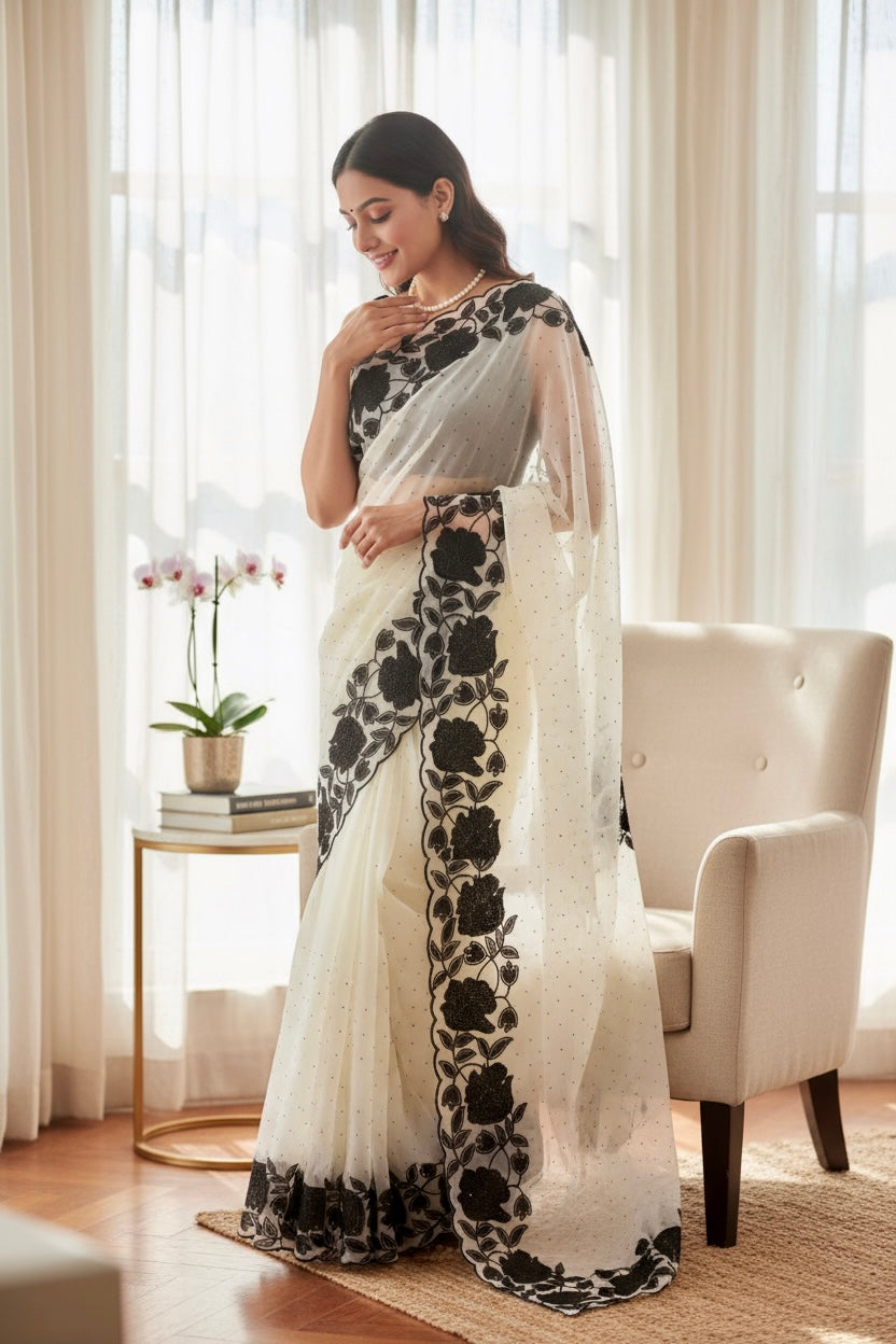 White organza floral saree