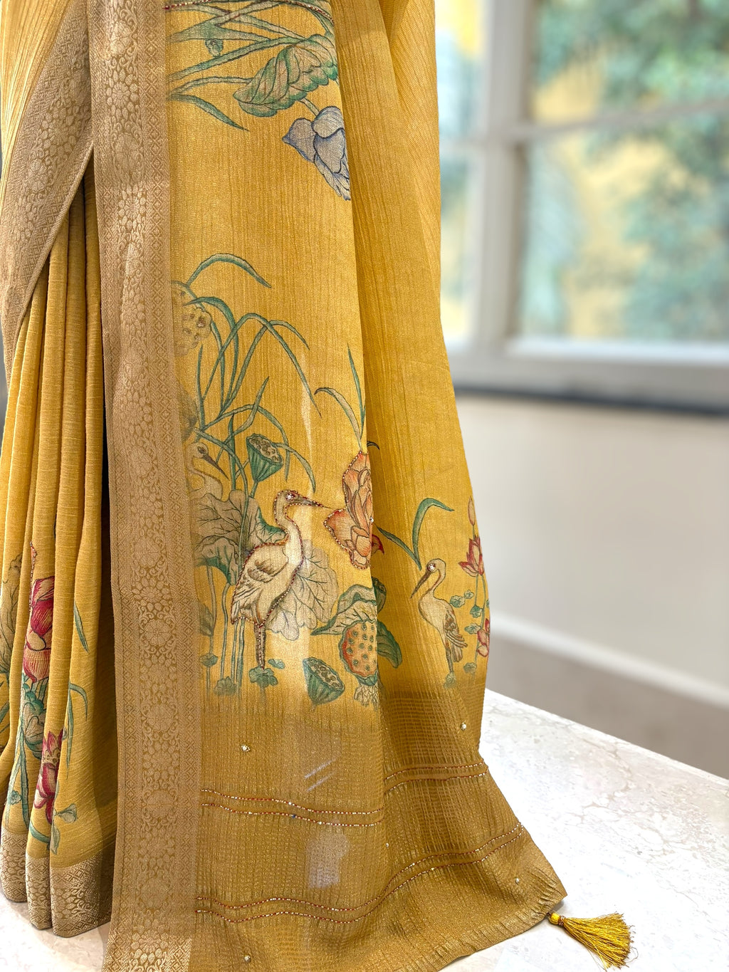 Diamond chiffon saree - Yellow