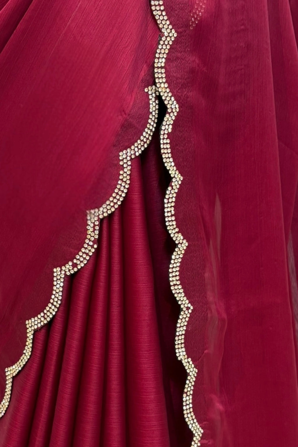 Satin chiffon scallop saree - Wine