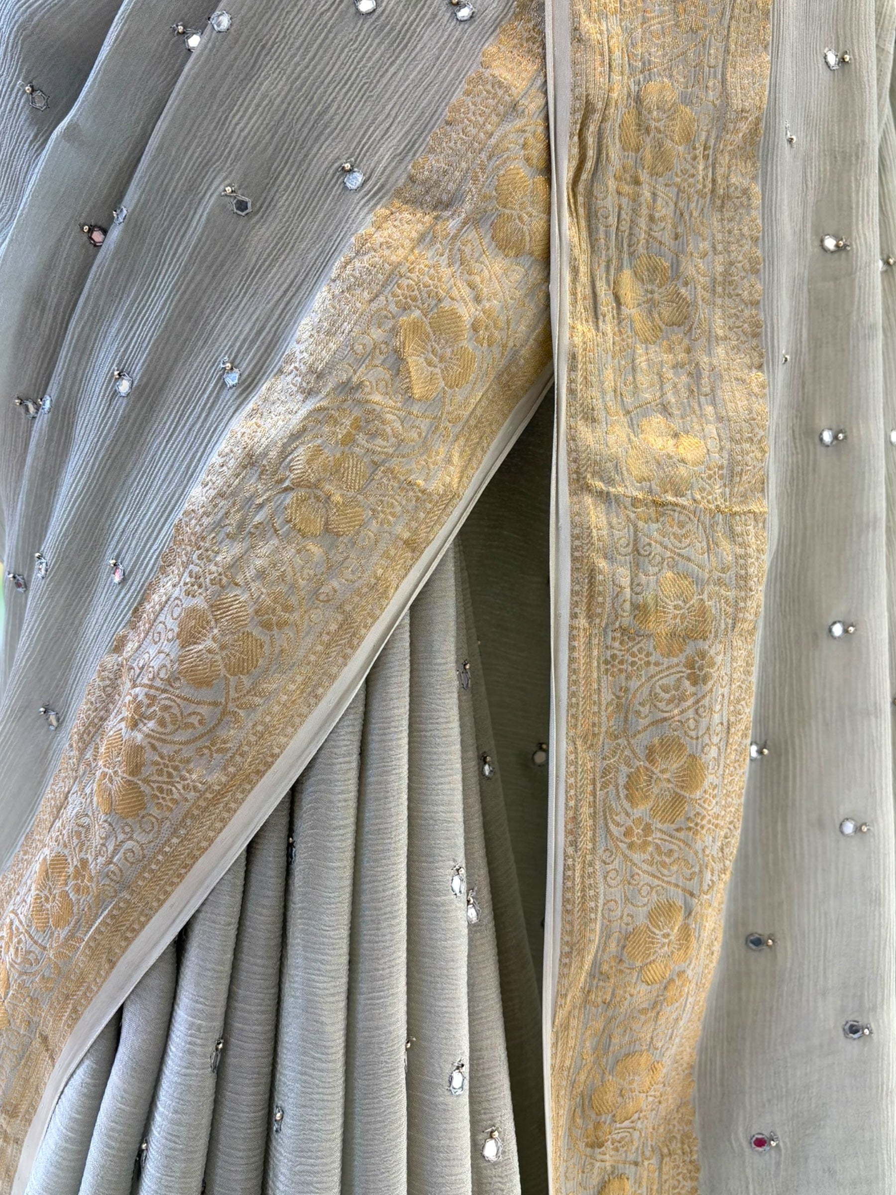 Marble chiffon mirror work saree - Grey