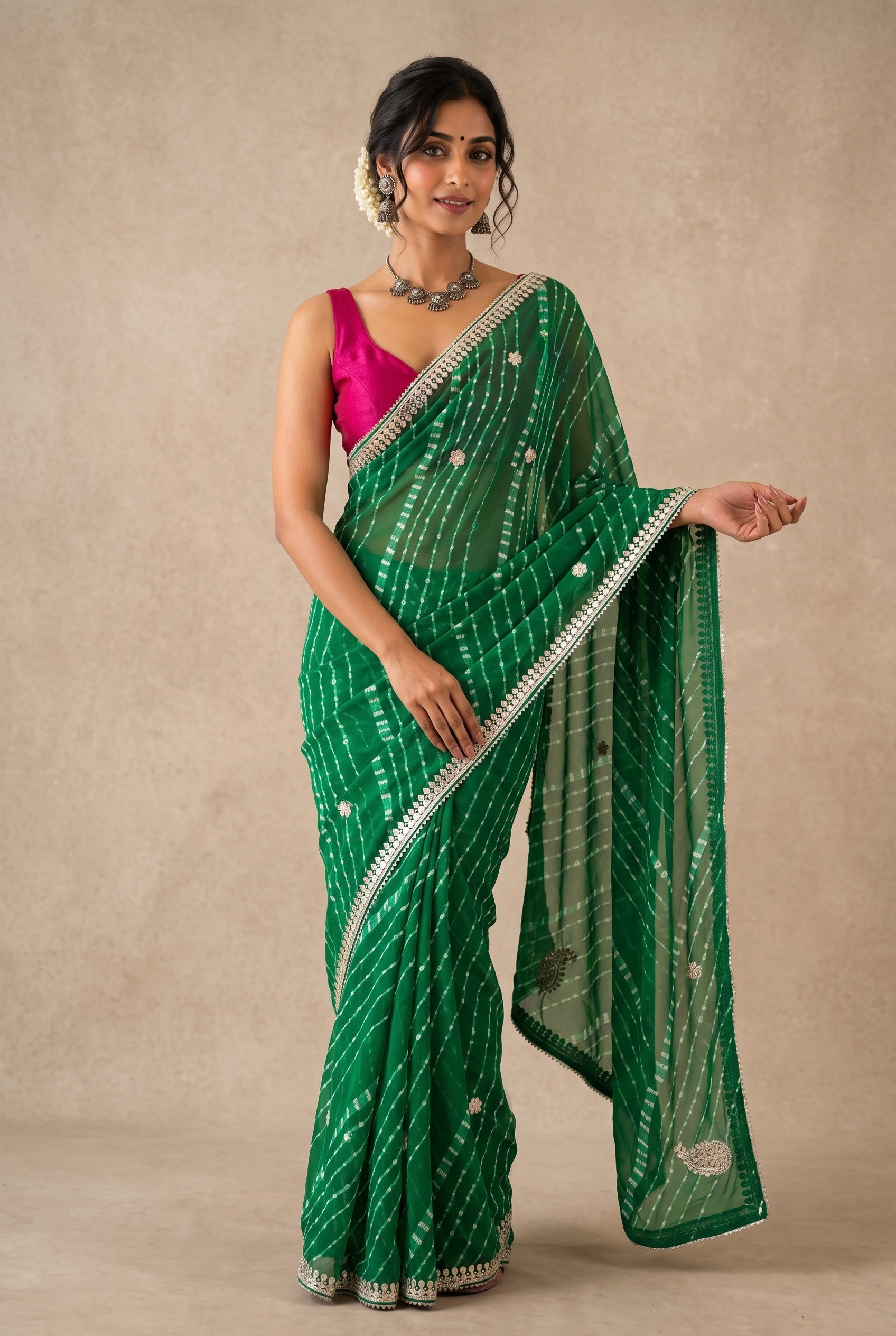 Georgette bandhani print gotta work saree - Bottle Green