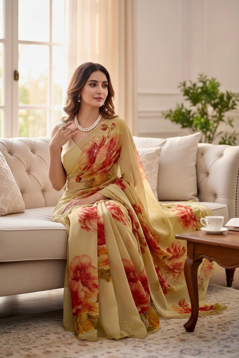 Floral chiffon embellished saree - Golden