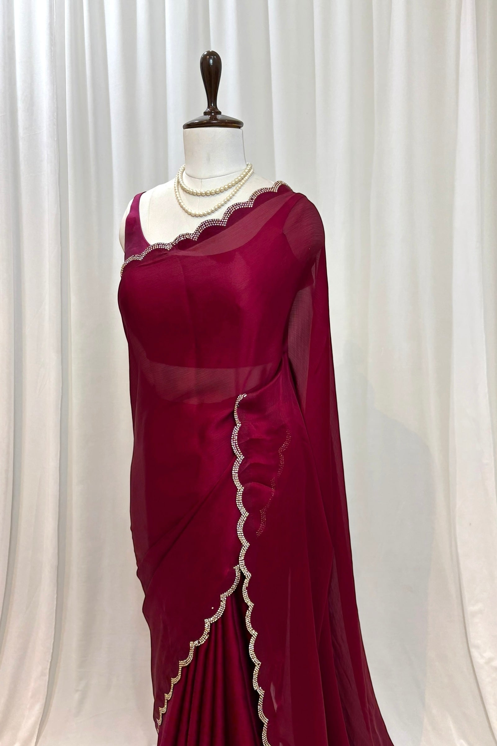 Satin chiffon scallop saree - Wine