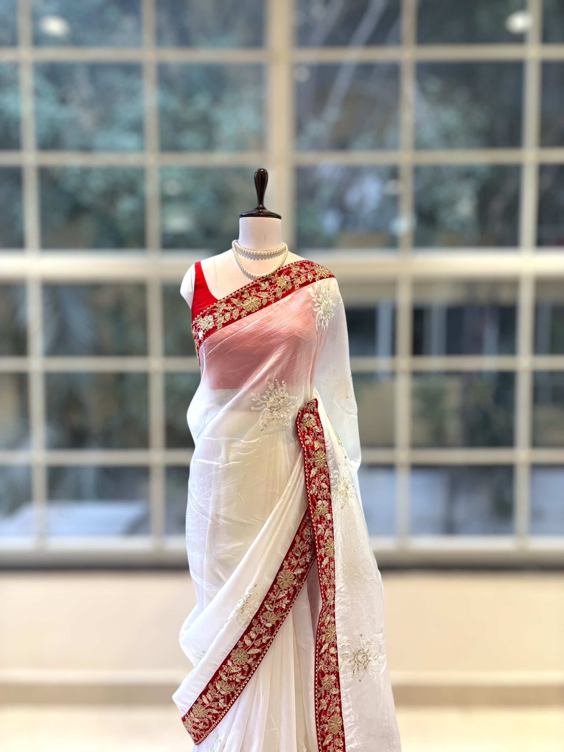 Soft organza embroidered saree - White