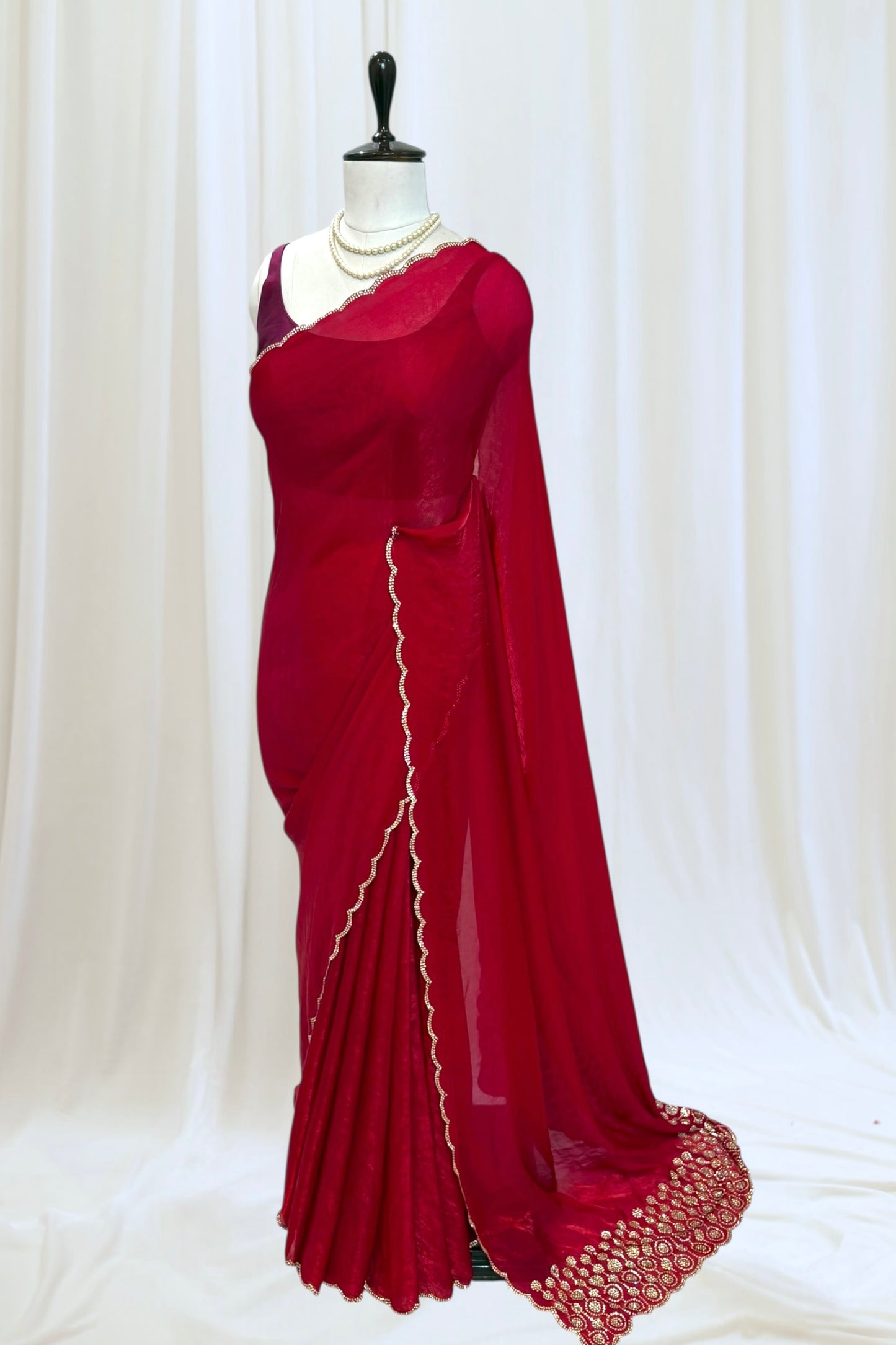 Crimson fendy satin embellished saree