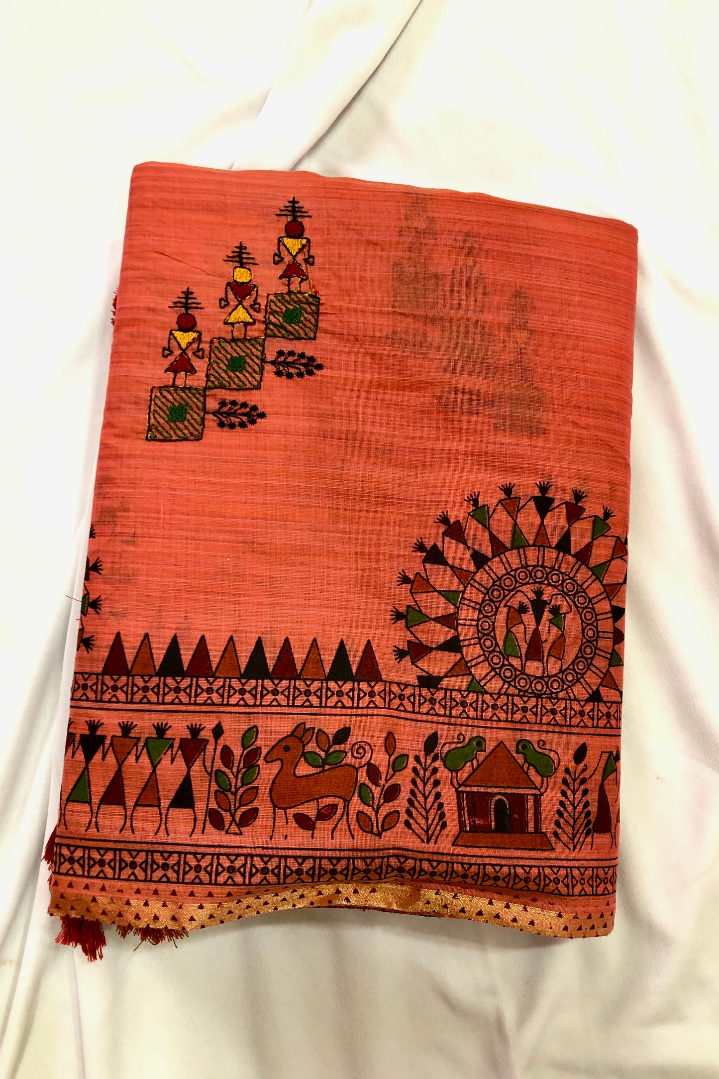 Embroidered Cotton Saree - Red