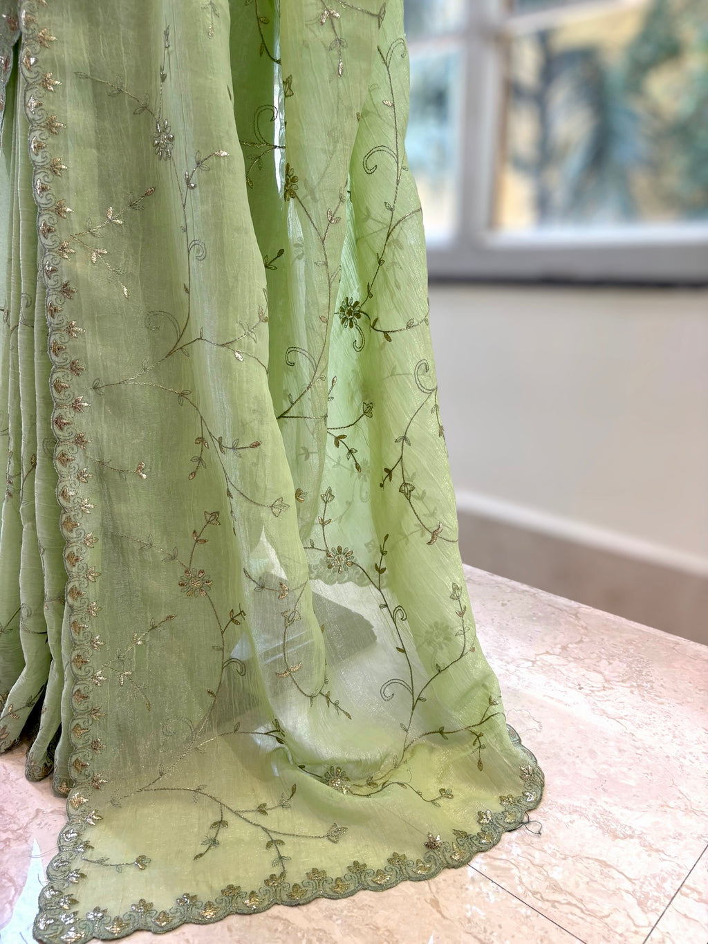 Serene scallop embroidered saree - Green