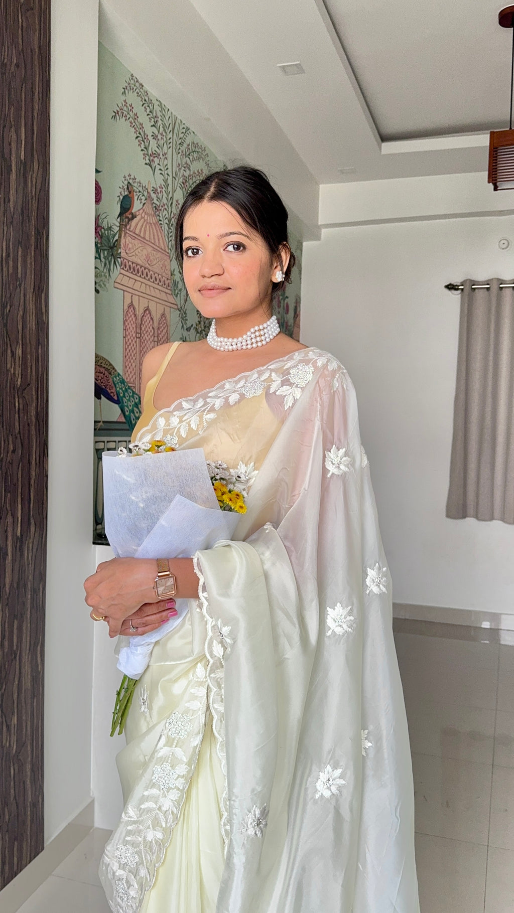 White threadwork embellished scallop saree